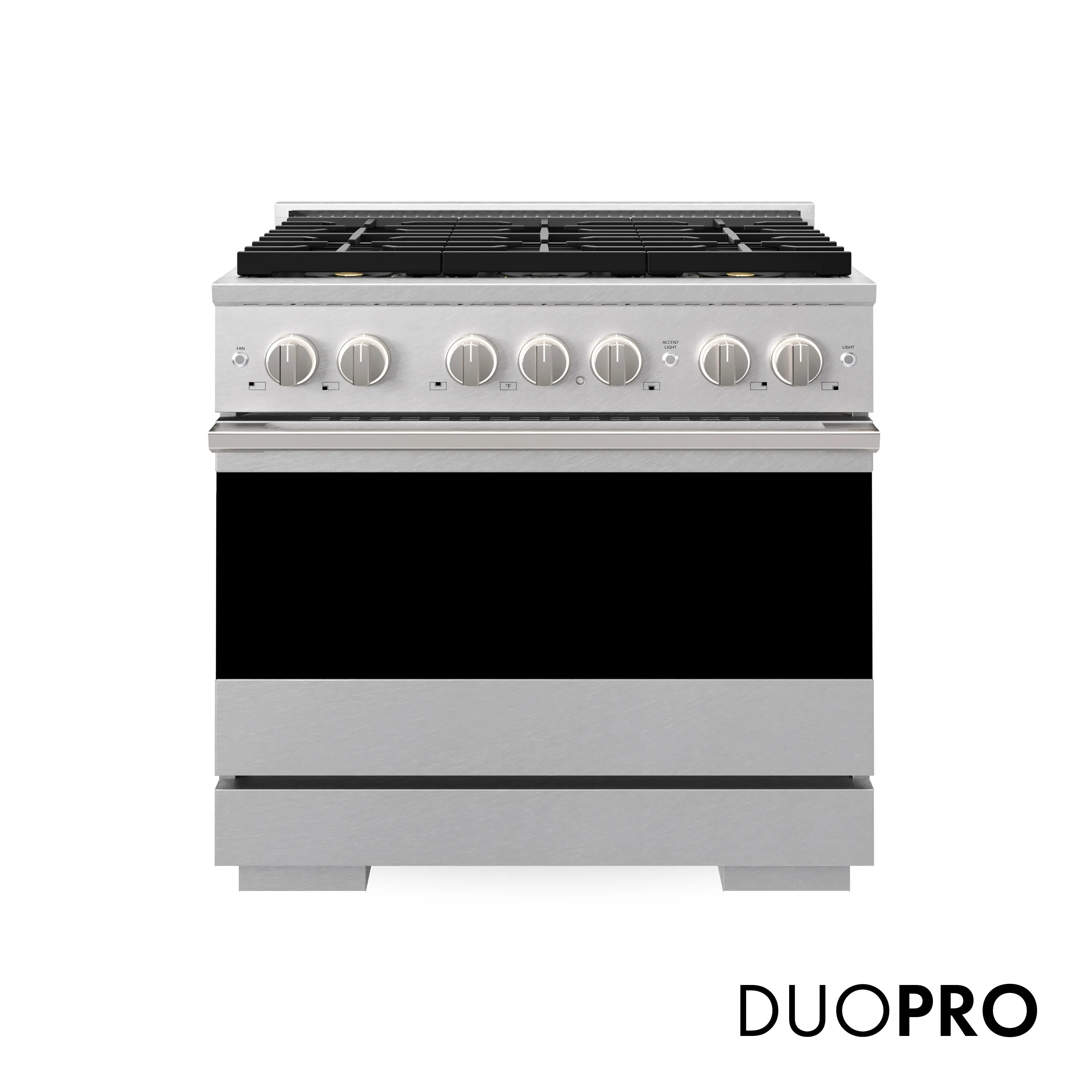 Satin stainless steel dual fuel range front with DUOPRO text and cooktop knobs
