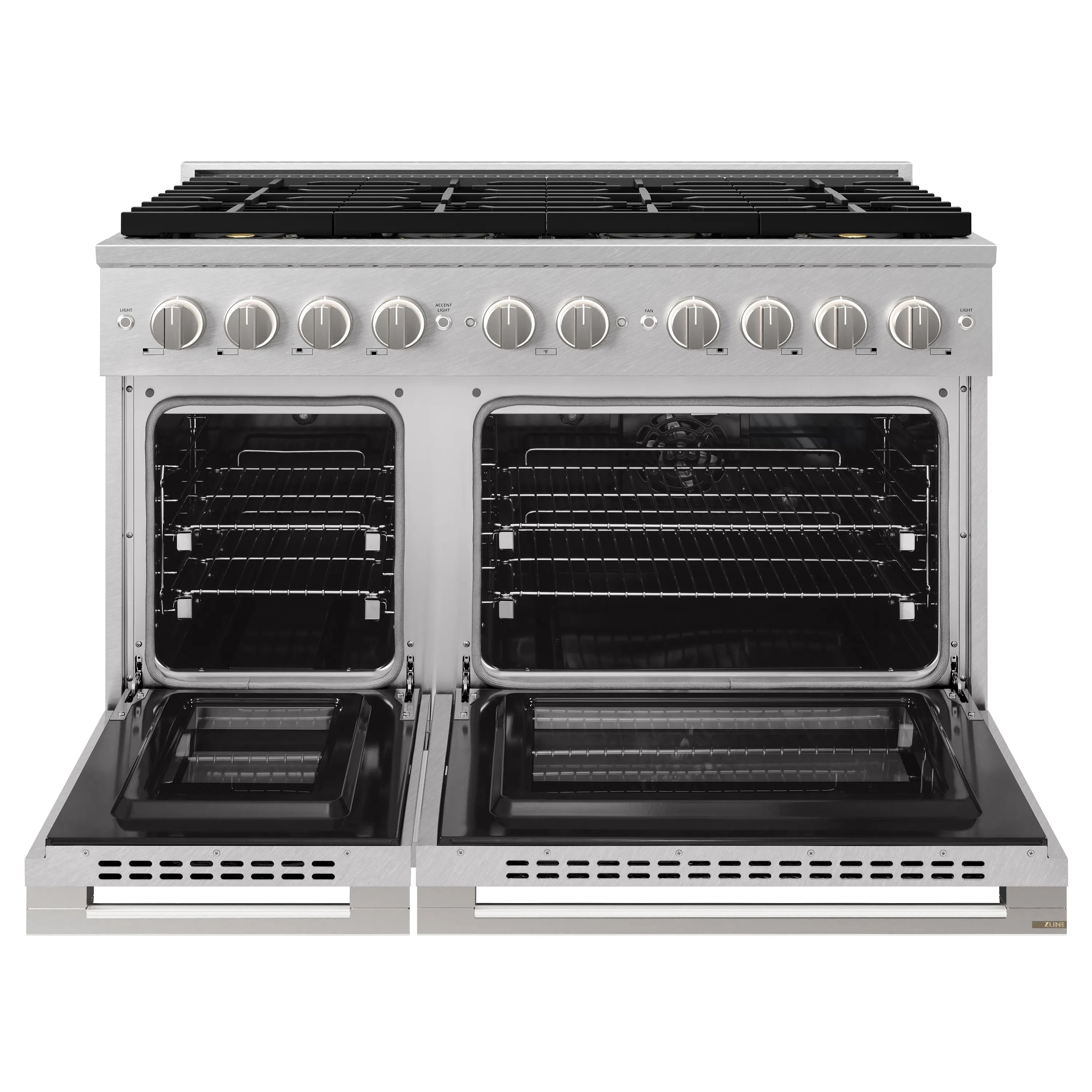 Dual oven doors open showing racks inside stainless steel range