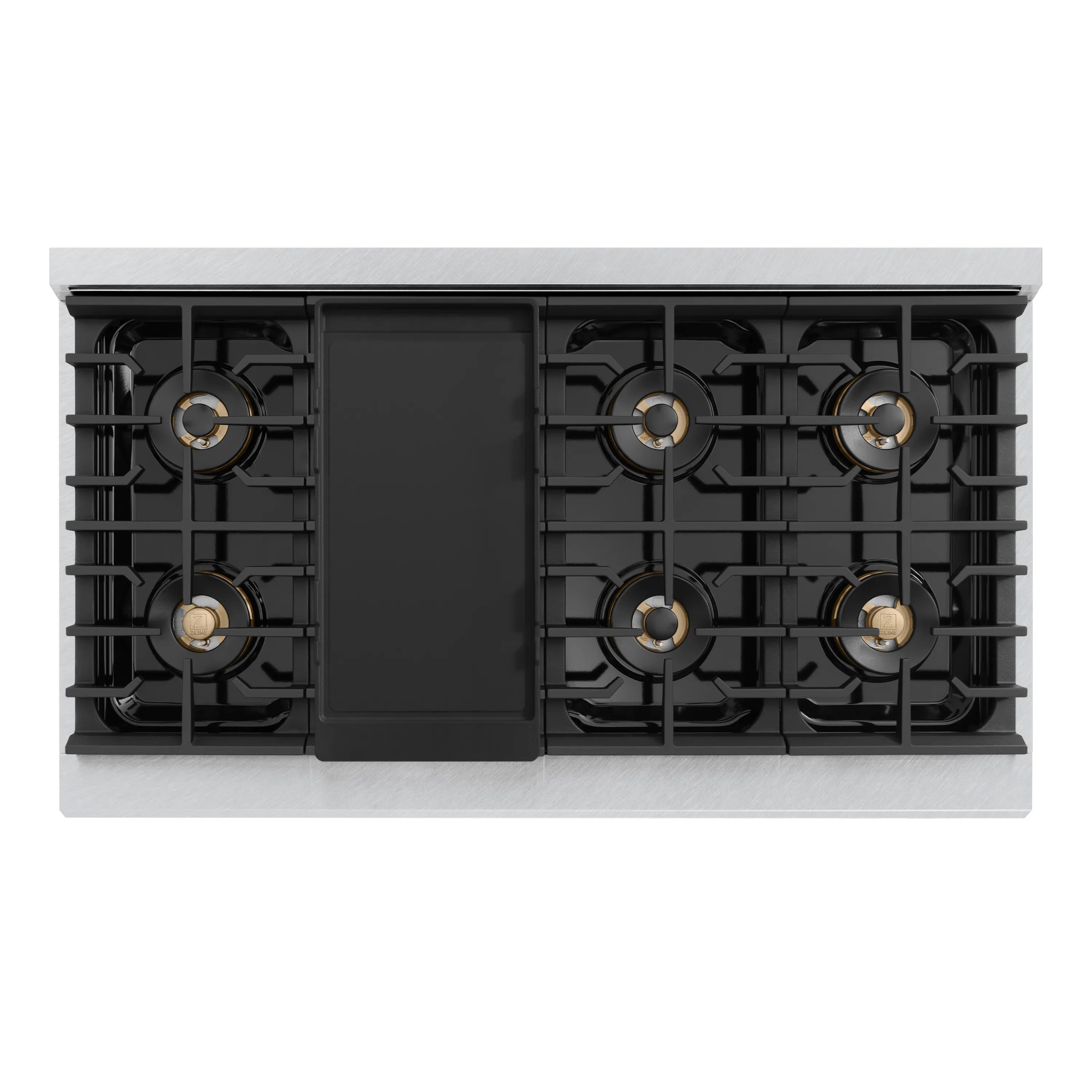 Dual-fuel range cooktop with eight burners and a closed side panel, front top view