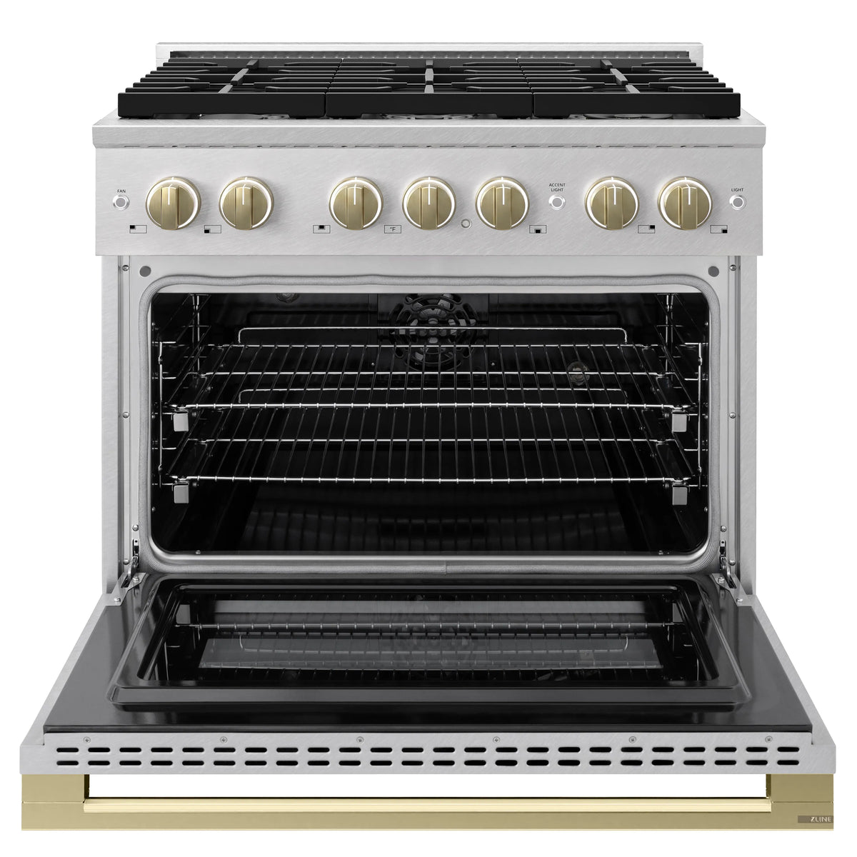Front view of dual fuel range with open oven cavity and champagne-bronze control knobs