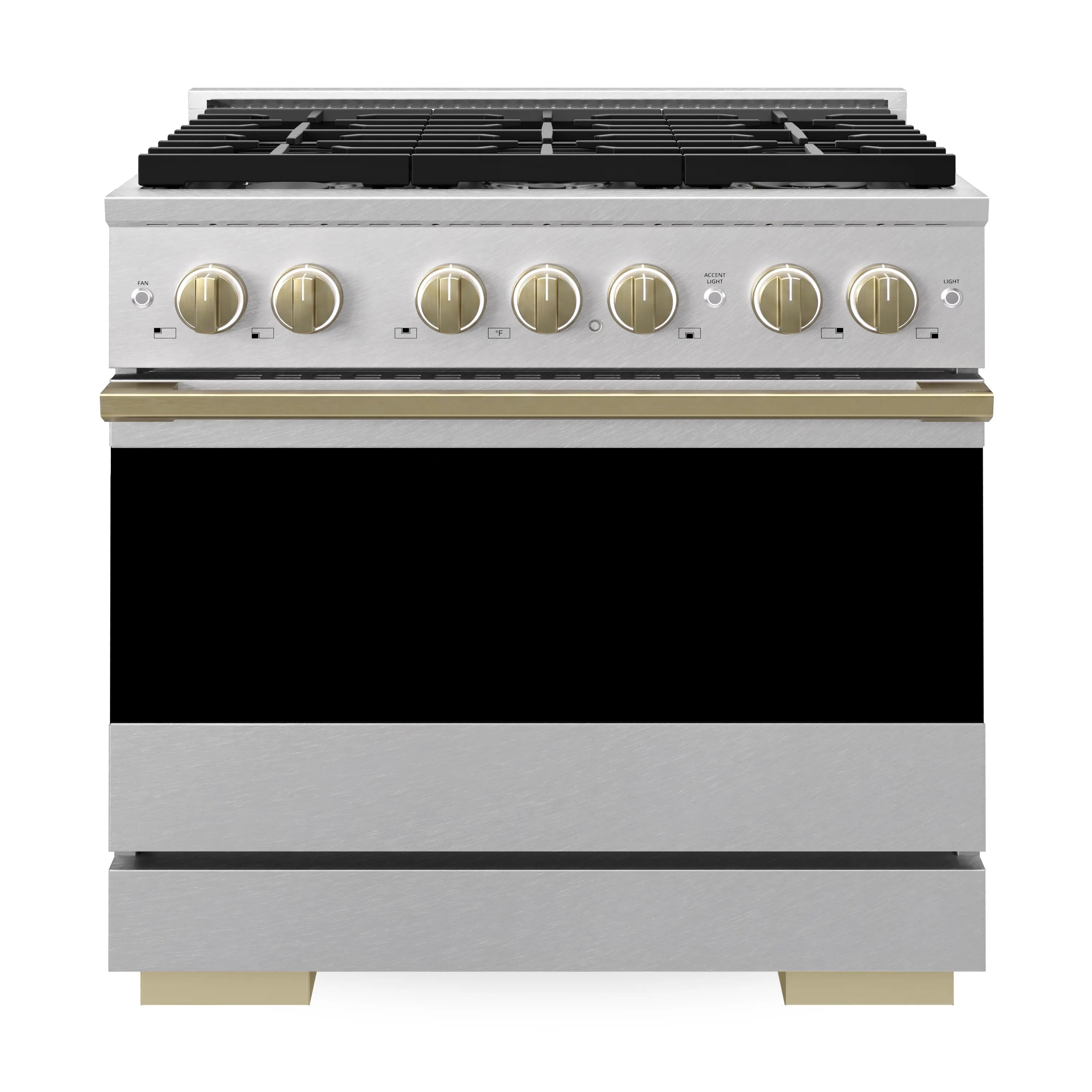 ZLINE Autograph Edition 36-Inch 5.2 Cu. Ft. Marino Dual Fuel Range with 6 Burner Gas Cooktop and Electric Convection Oven in Satin Stainless Steel with Champagne Bronze Accents (MDRSZ-36-CB)
