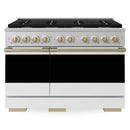 ZLINE Autograph Edition 48-Inch 6.7 Cu. Ft. Marino Double Oven Dual Fuel Range with 8 Burner Gas Cooktop in Satin Stainless Steel with White Matte Doors and Champagne Bronze Accents (MDRSZ-WM-48-CB)