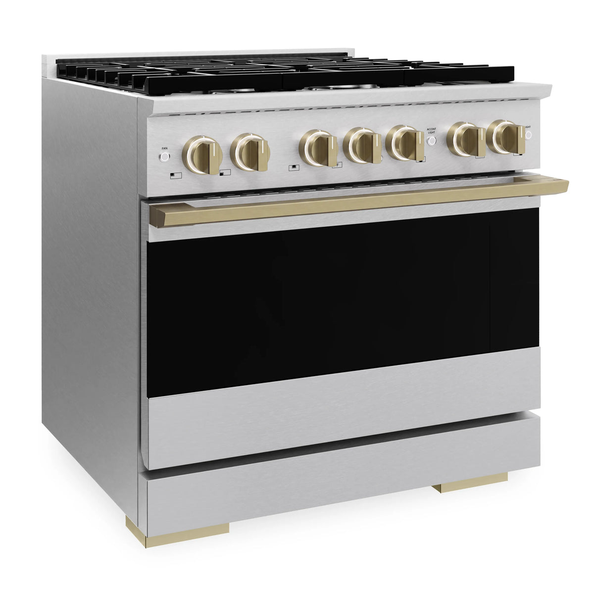 Satin stainless steel gas range with champagne bronze accent trim and burner knobs