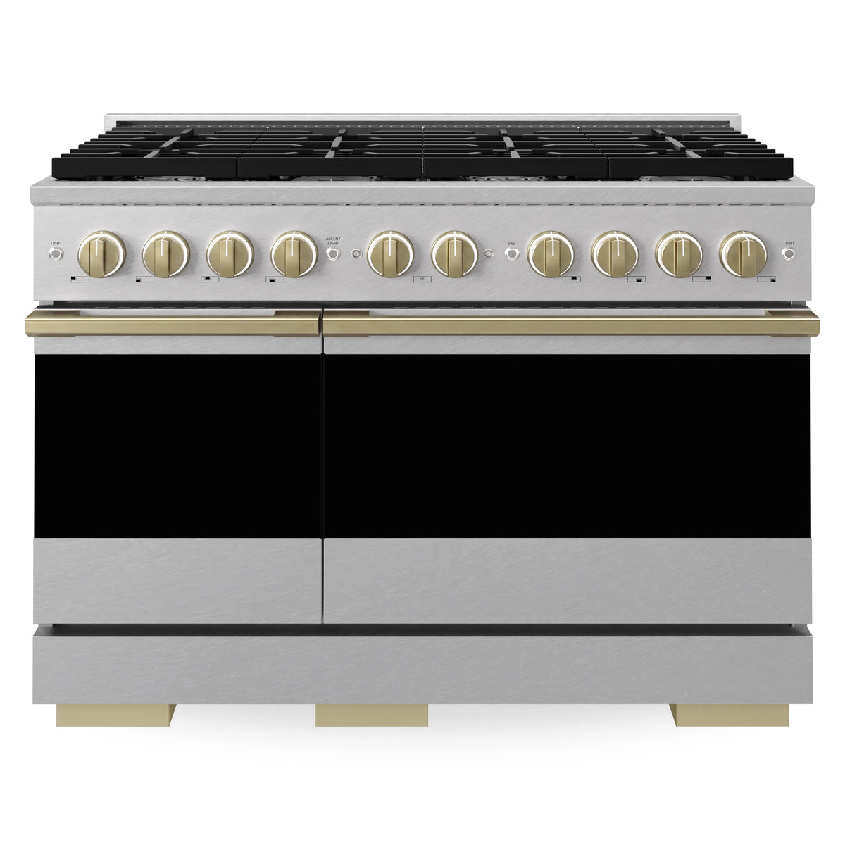 Satin stainless gas double oven range with black burner grates and bronze accents
