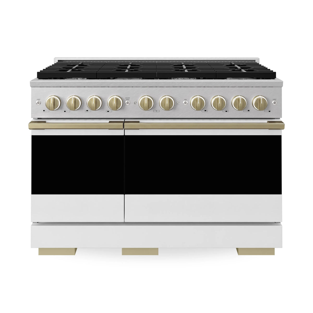 Front view of double oven gas range with stainless cooktop and white matte cabinet doors