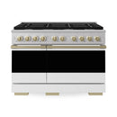 ZLINE Autograph Edition 48-Inch 6.7 Cu. Ft. Marino Double Oven Gas Range with 8 Burner Cooktop in Satin Stainless Steel with White Matte Doors and Champagne Bronze Accents (MGRSZ-WM-48-CB)