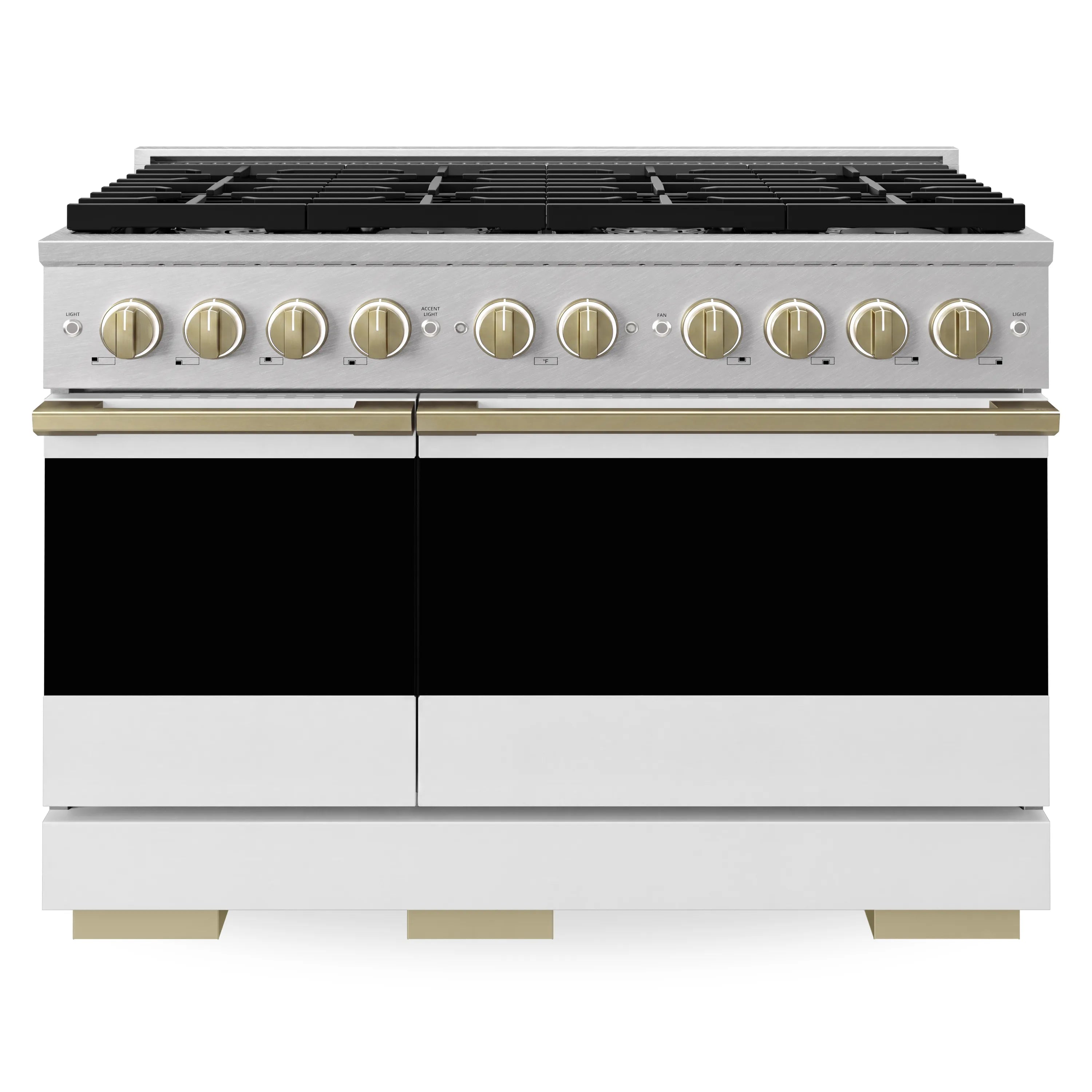 ZLINE Autograph Edition 48-Inch 6.7 Cu. Ft. Marino Double Oven Gas Range with 8 Burner Cooktop in Satin Stainless Steel with White Matte Doors and Champagne Bronze Accents (MGRSZ-WM-48-CB)