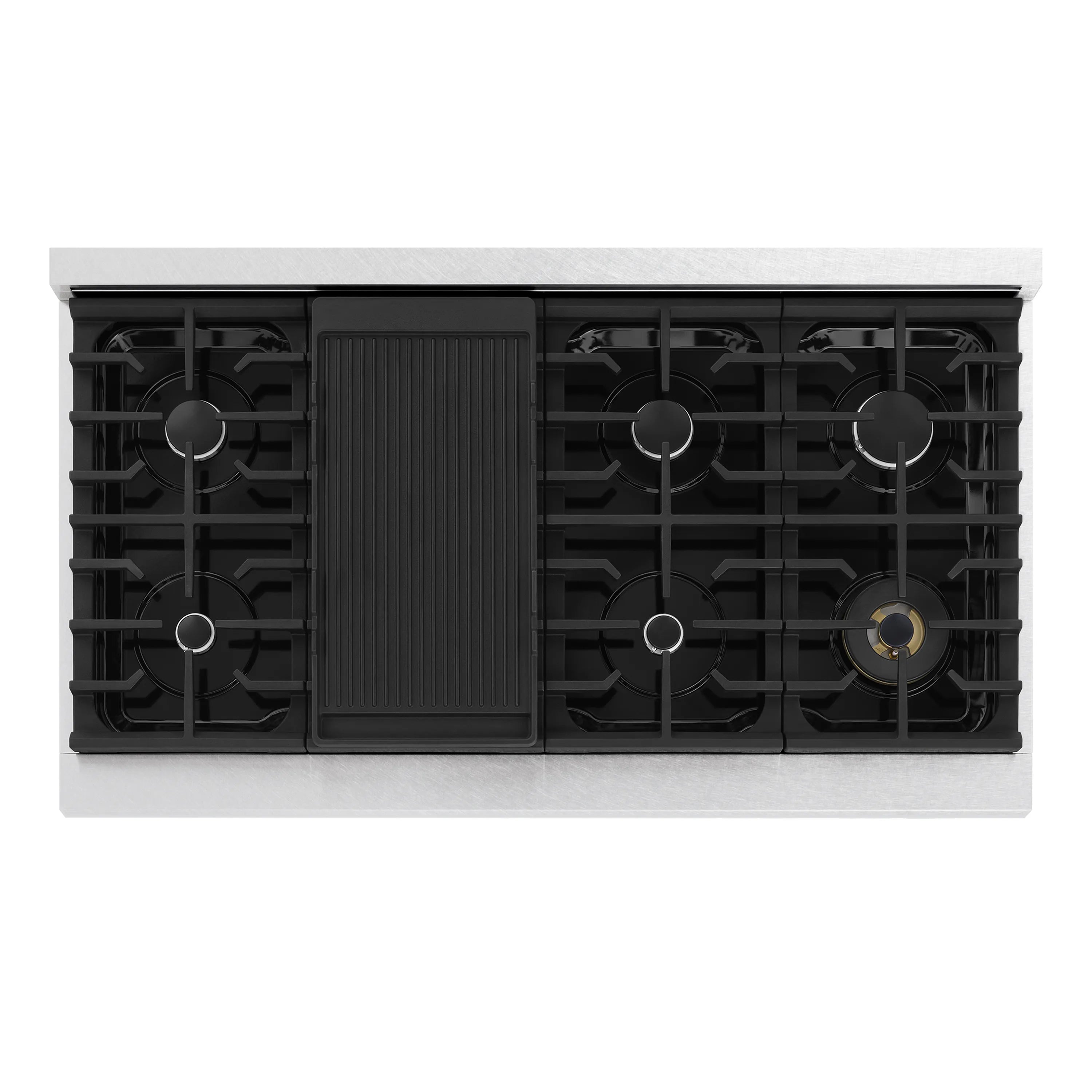 ZLINE Autograph Edition 48-Inch 6.7 Cu. Ft. Marino Double Oven Gas Range with 8 Burner Cooktop in Satin Stainless Steel with White Matte Doors and Champagne Bronze Accents (MGRSZ-WM-48-CB)