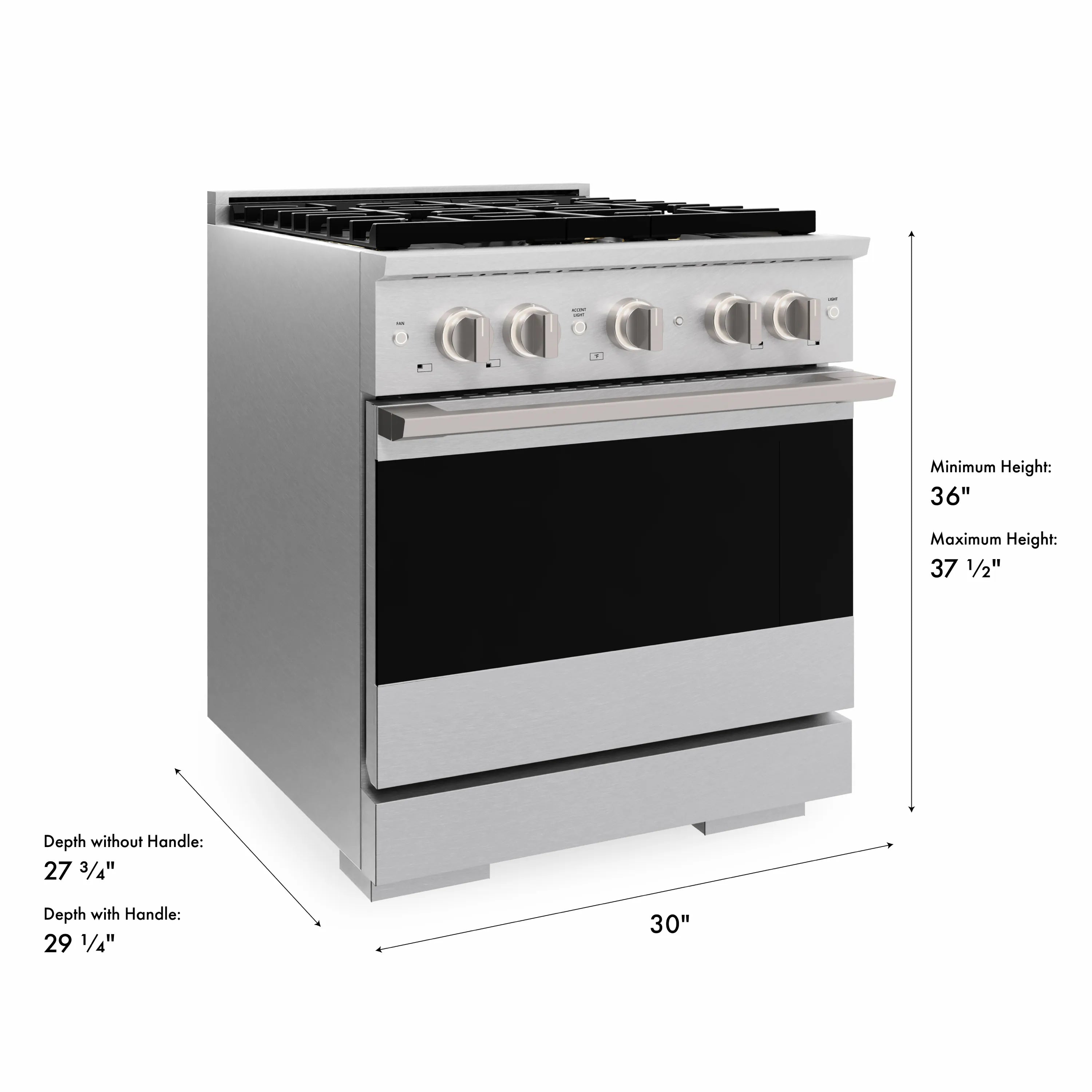 Satin stainless 30-inch gas range with four burners and convection oven, side view