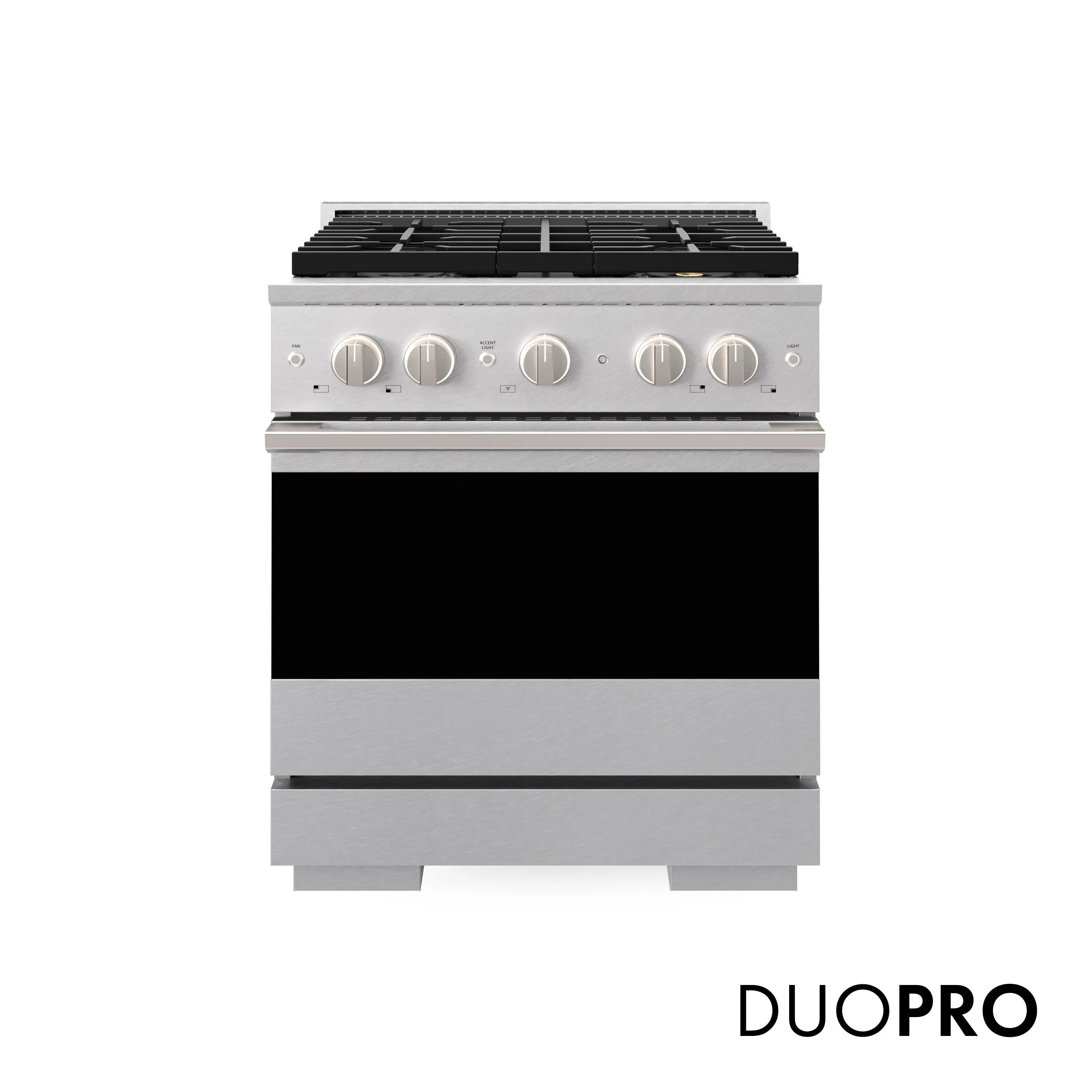 Satin stainless gas range front view with DUOPRO label and four burner controls