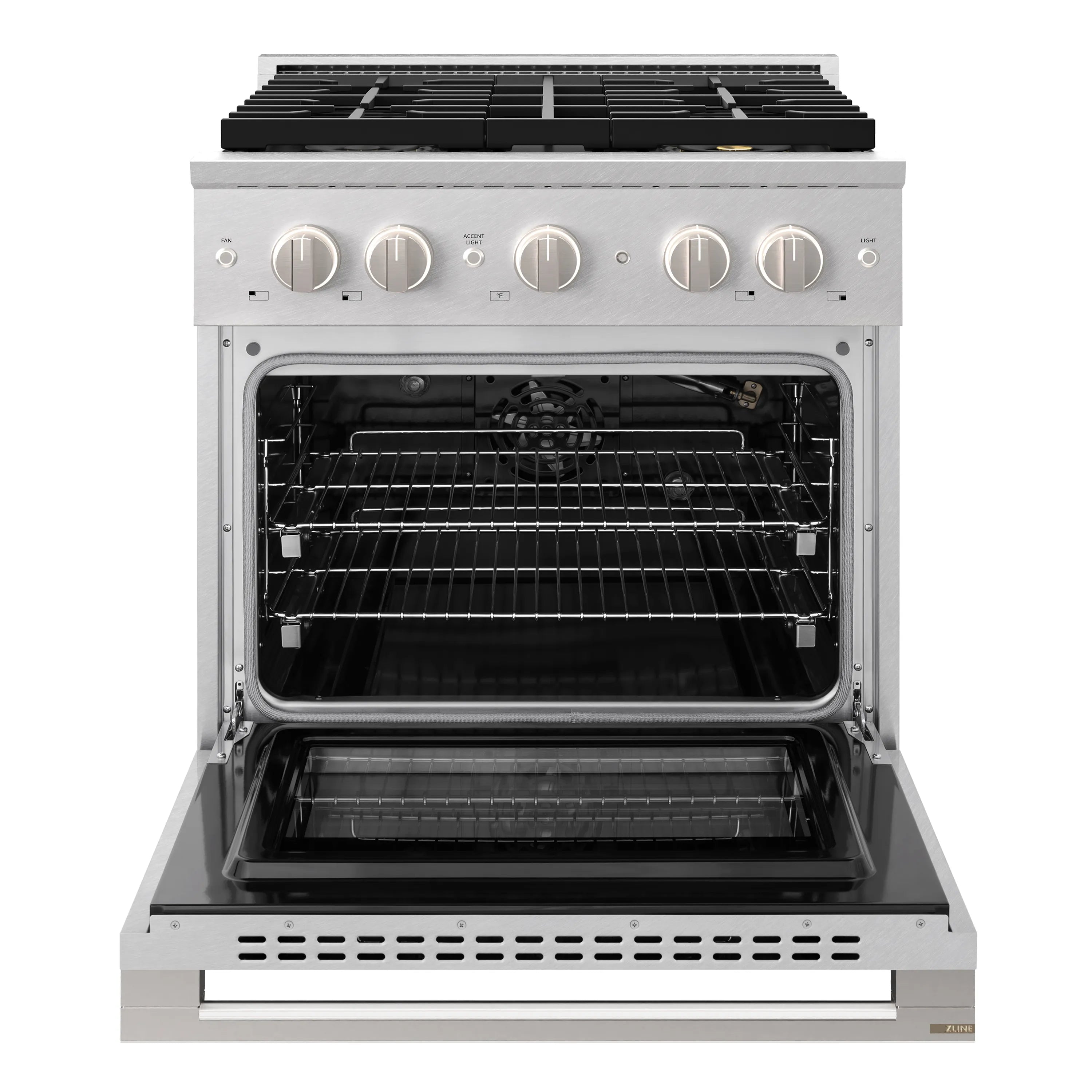 Open convection oven door showing baking racks and interior cavity on satin stainless range