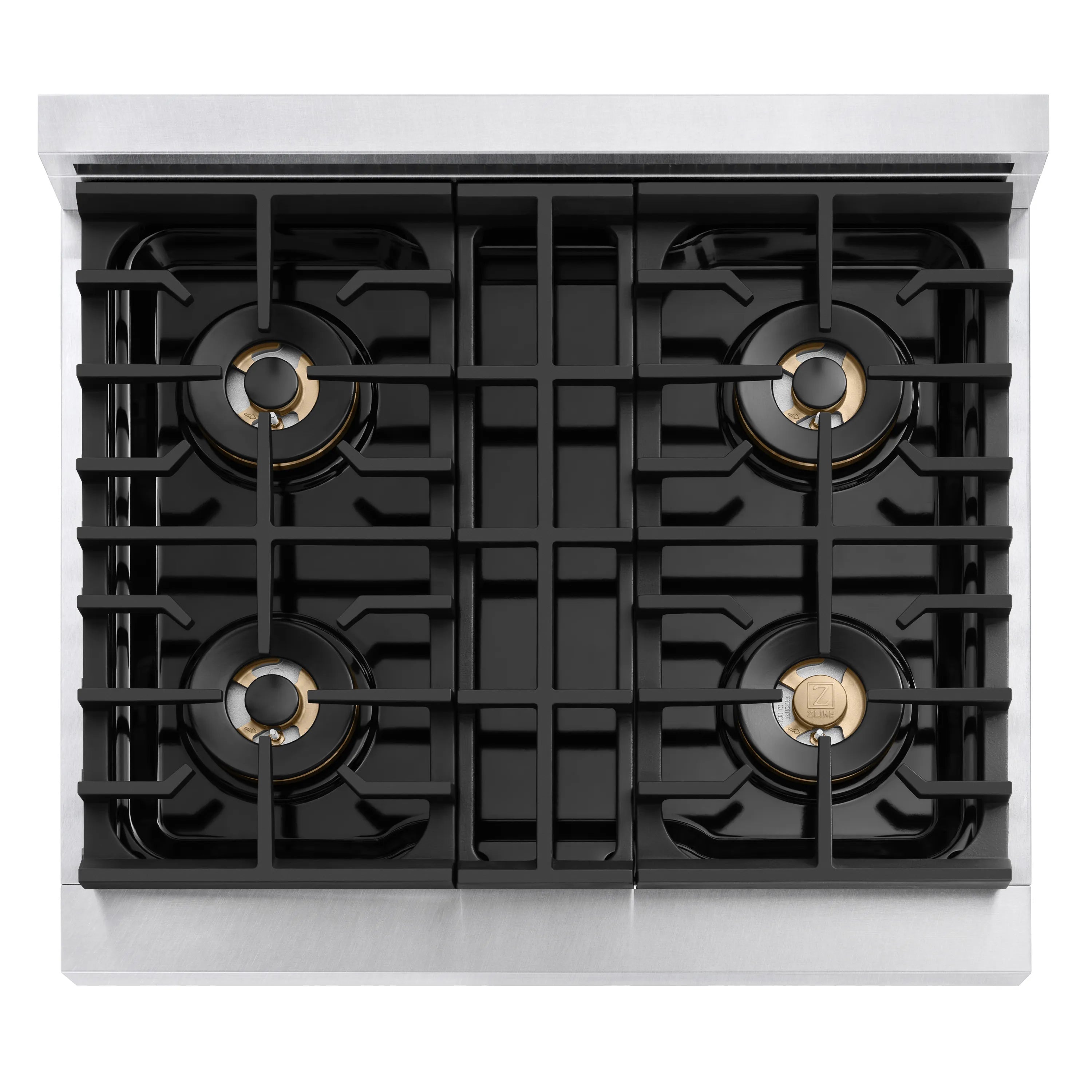 Top view of 4-burner gas cooktop with black grates and gold-toned burner caps