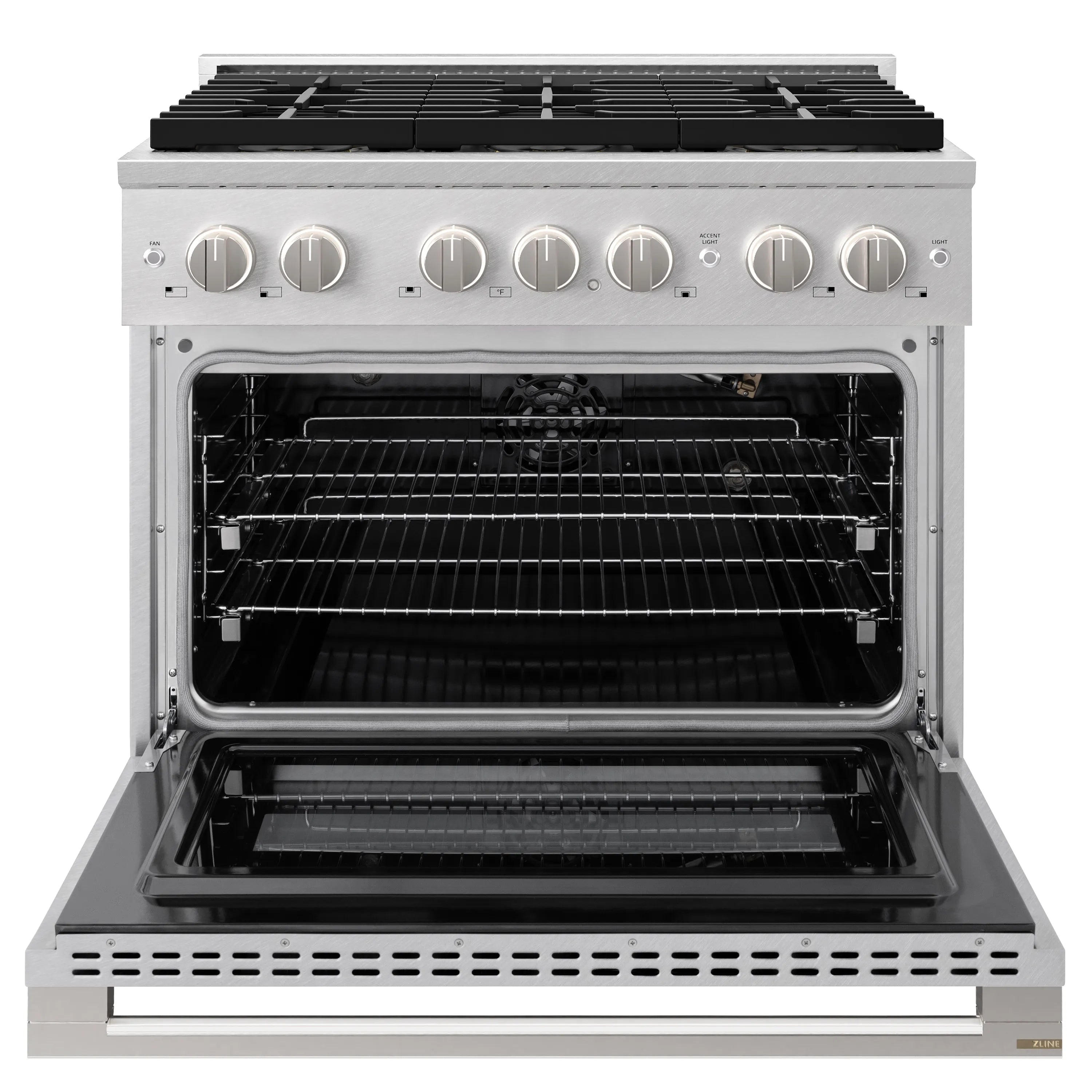 Gas oven door open with interior racks and convection-style heating element
