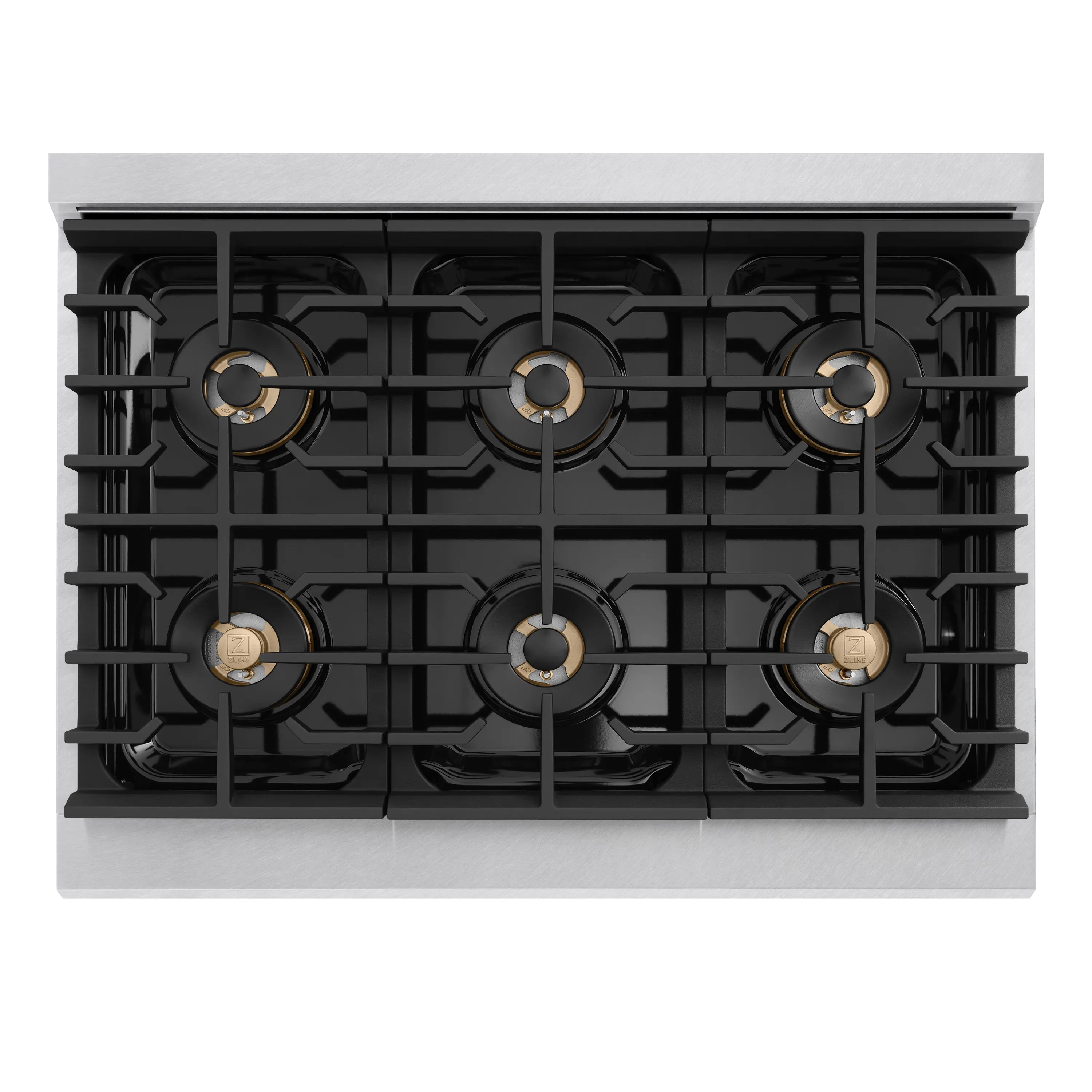 Black gas cooktop with six burners and metal grates on a stainless range top