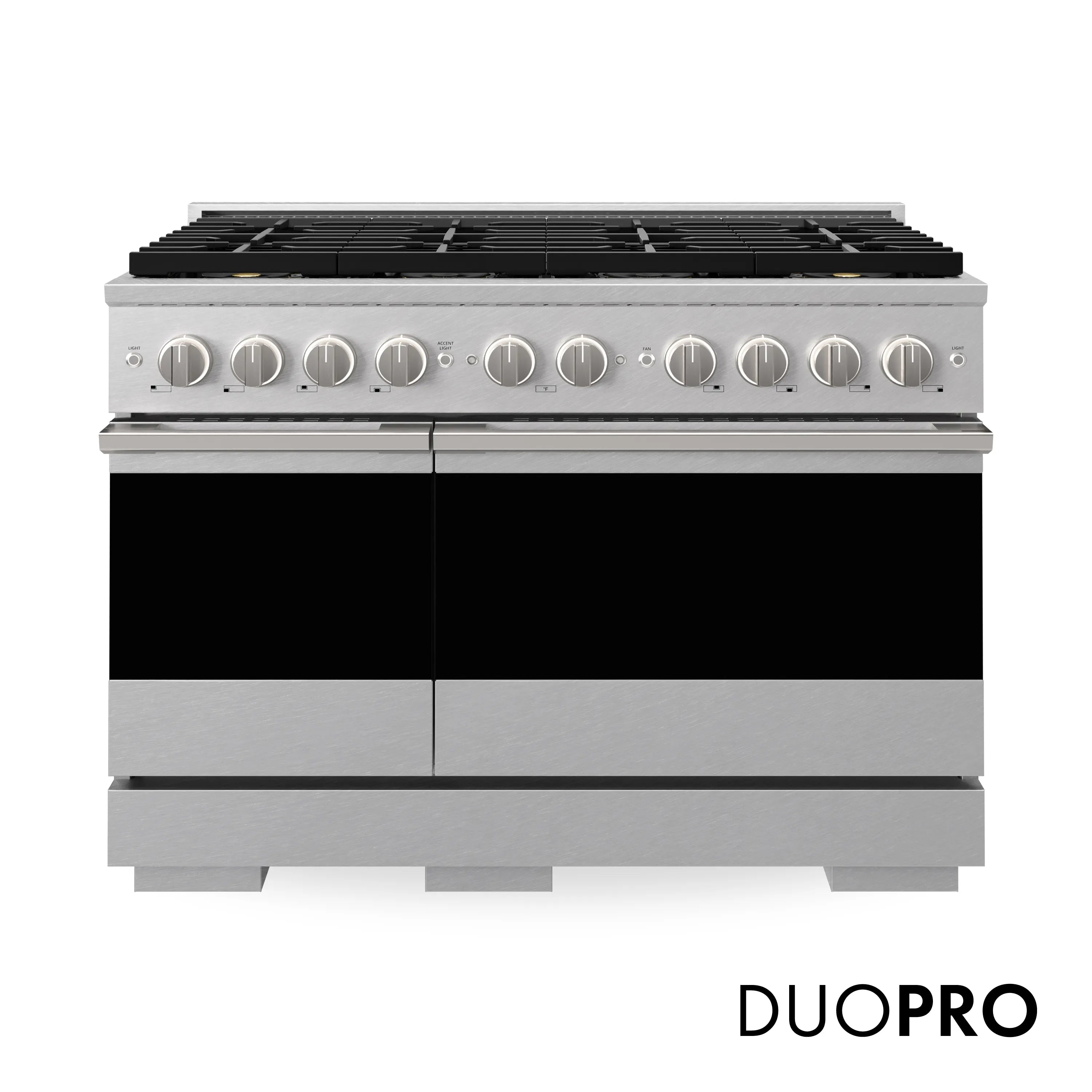 Stainless steel gas range with DUOPRO logo and black cooktop