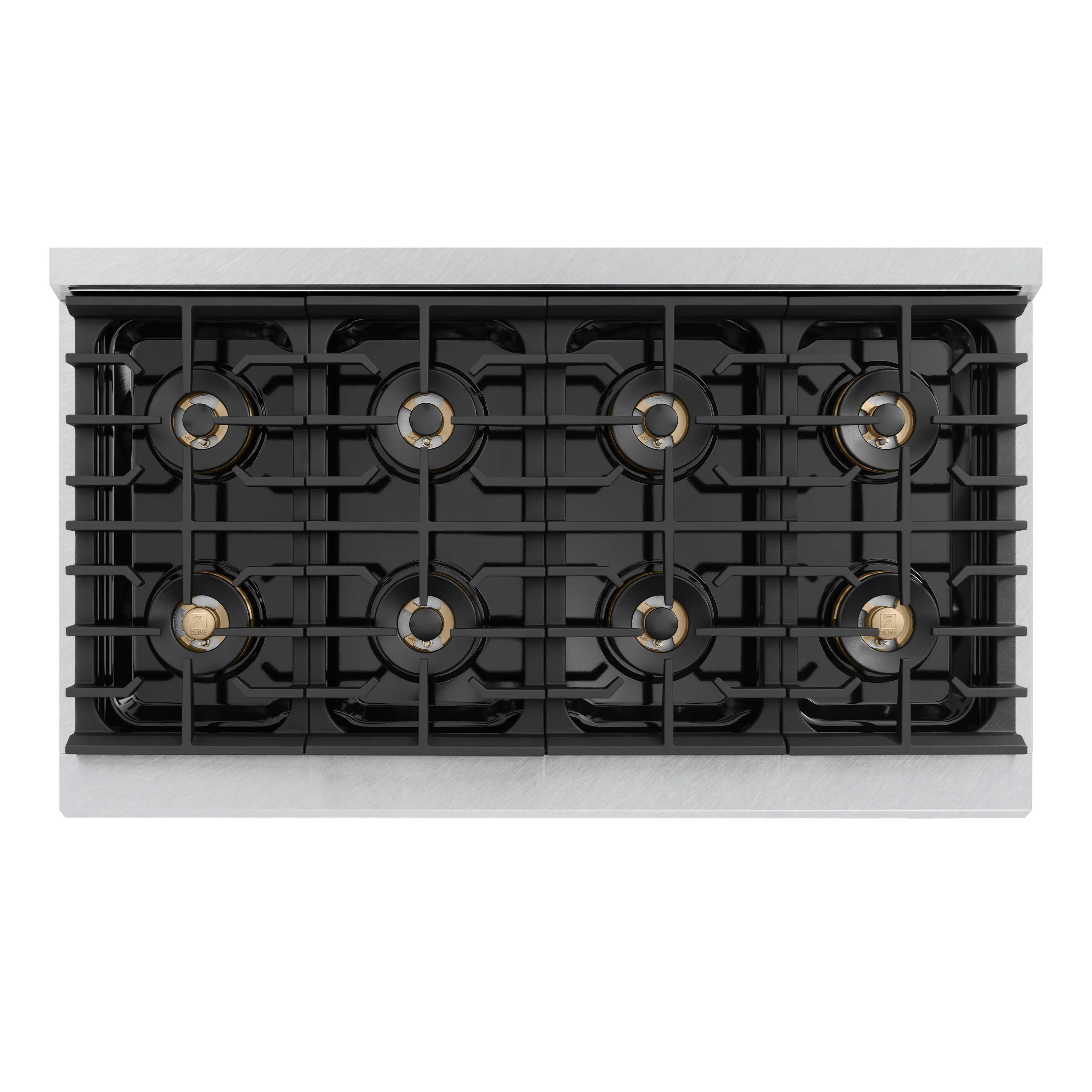 Gas cooktop with eight black grates and brass burner caps