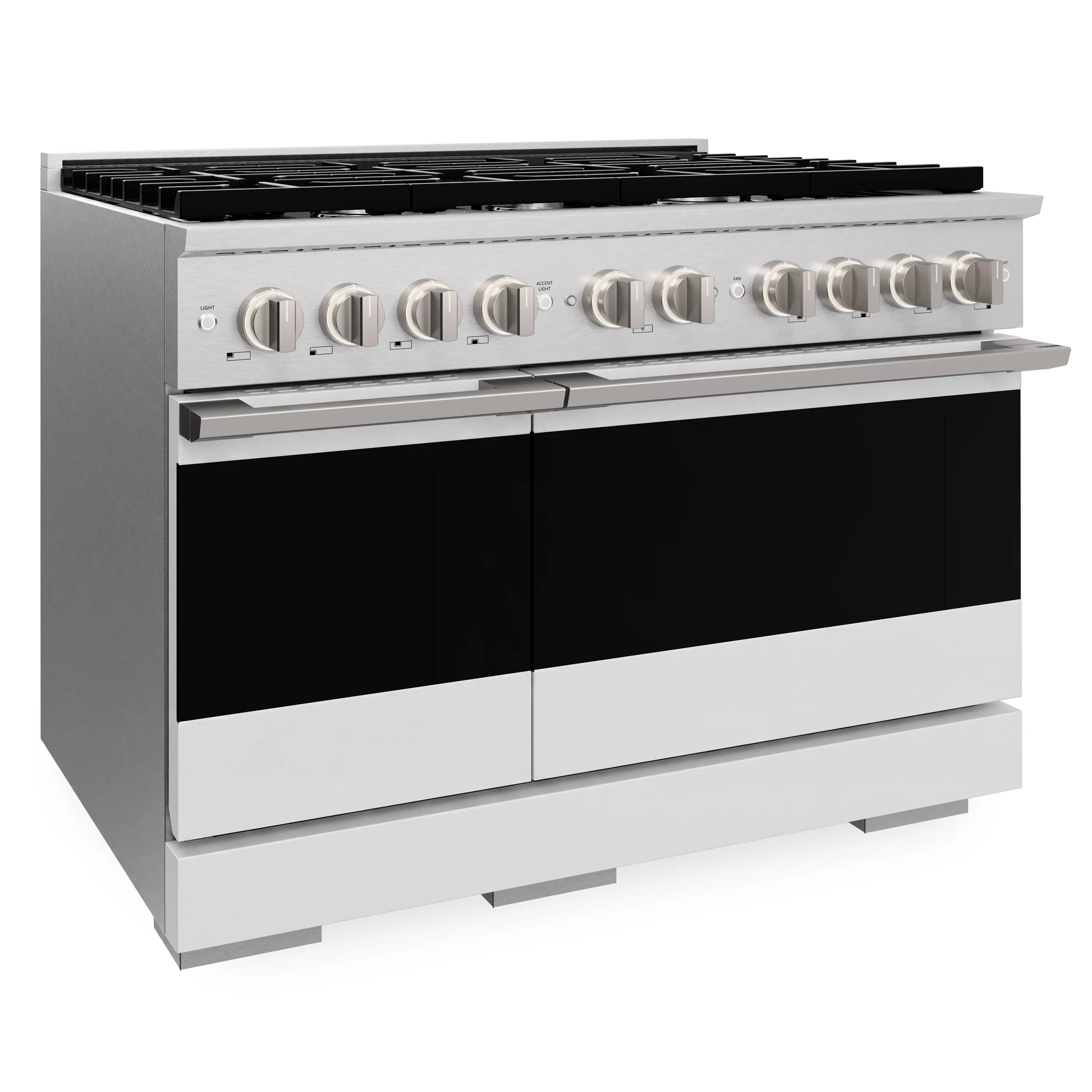 ZLINE 48-Inch 6.7 Cu. Ft. Marino Double Oven Gas Range with 8 Burner Cooktop in Satin Stainless Steel with White Matte Doors (MGRS-WM-48)