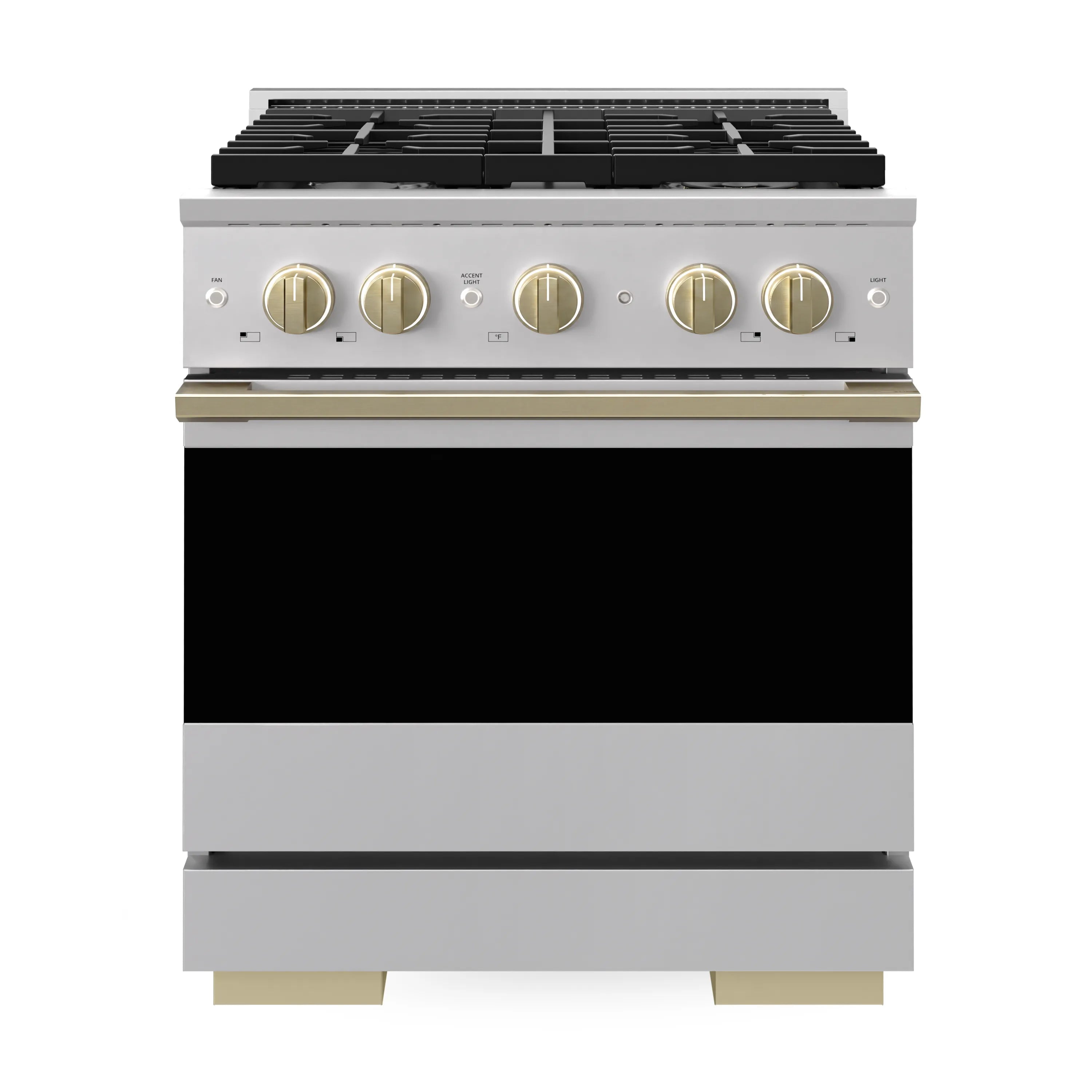 Stainless steel dual fuel range with black cooktop grates and champagne bronze trim