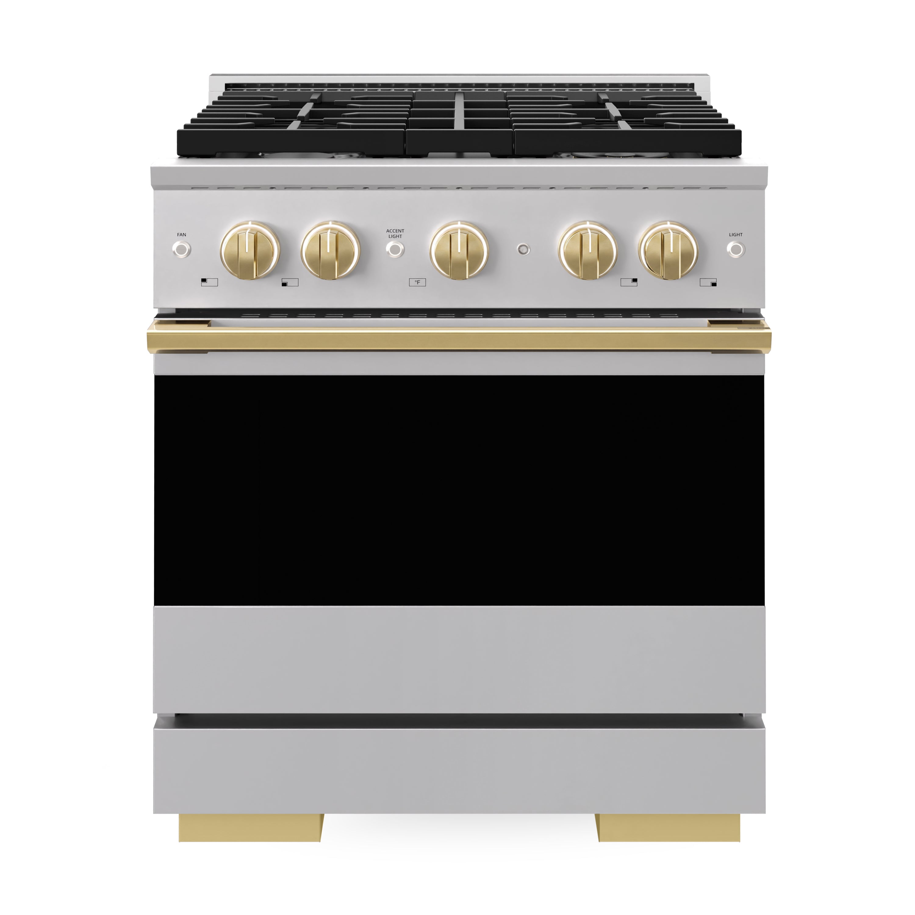 Stainless steel dual fuel range with black cooktop grates and polished gold knobs