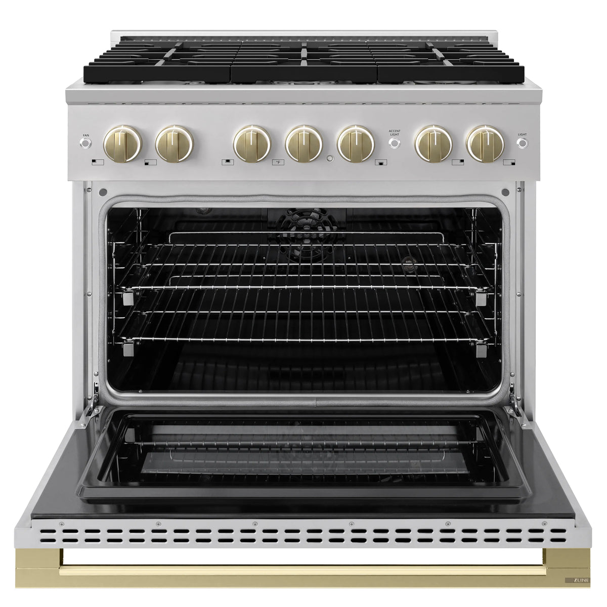 Dual fuel range with open electric convection oven and champagne bronze control knobs