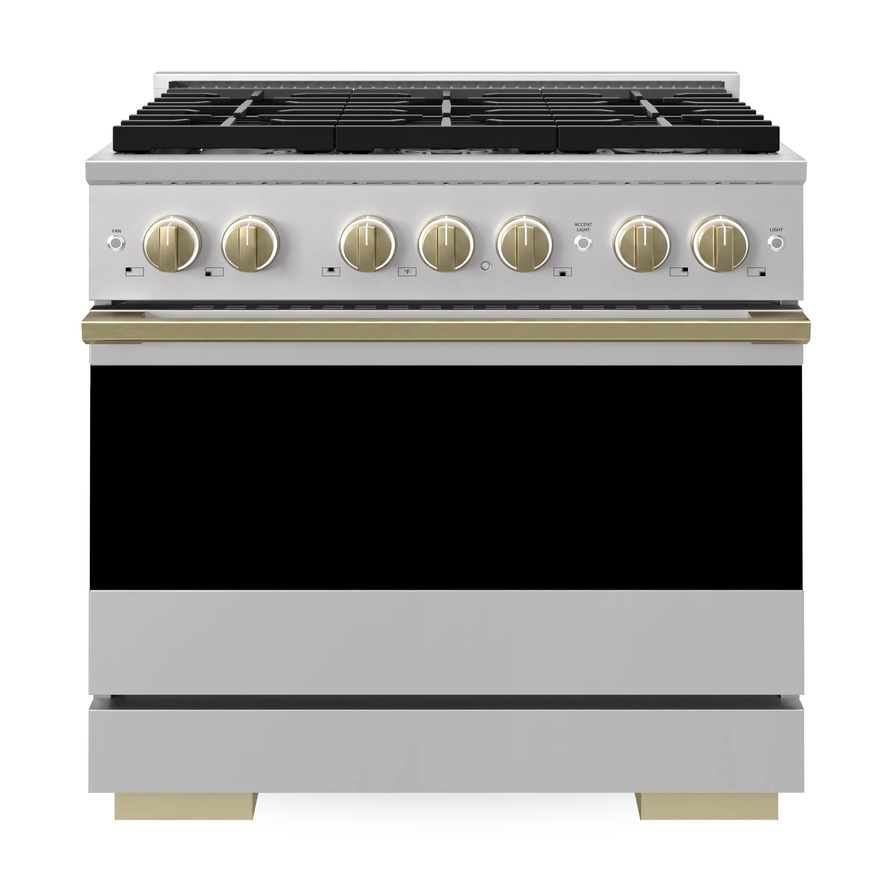 Stainless steel dual fuel range with six-burner cooktop and bronze control knobs