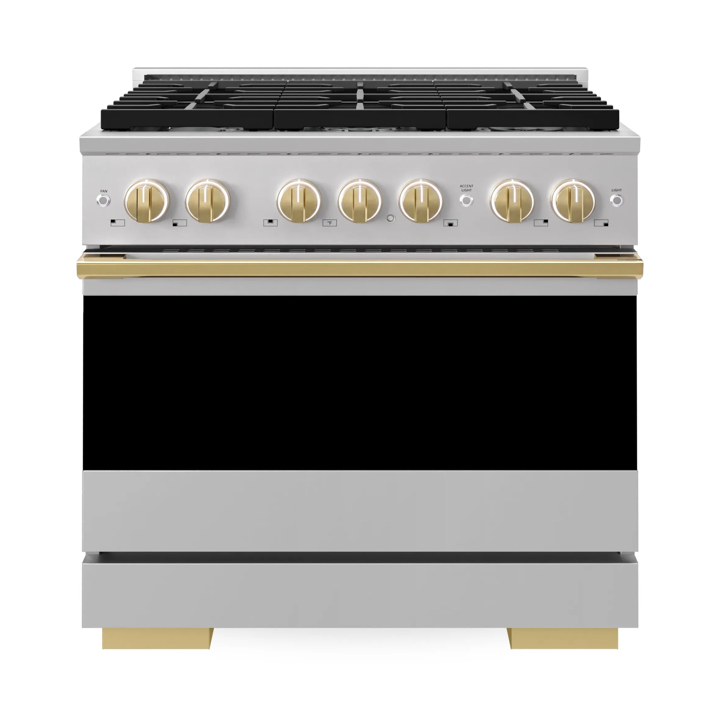 Stainless steel dual fuel range front panel with gold-accent knobs and burner grates