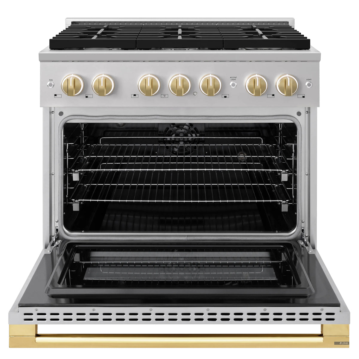 Open convection oven with six-burner gas cooktop and polished gold control knobs
