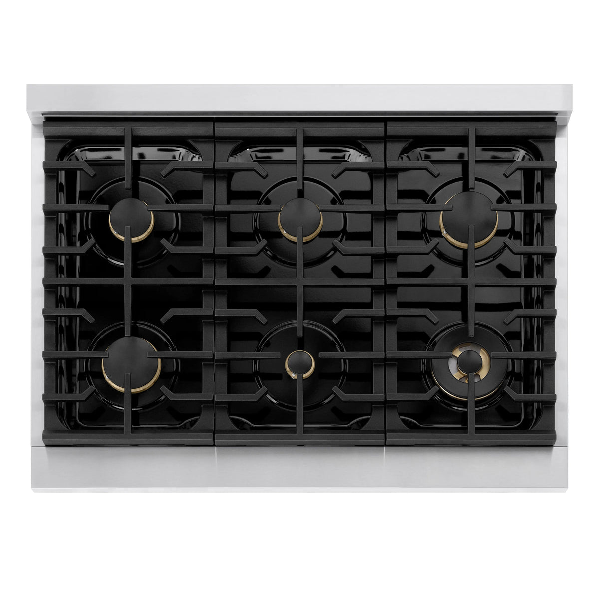 Stainless steel dual fuel cooktop with black burner grates and gold-accent knob centers