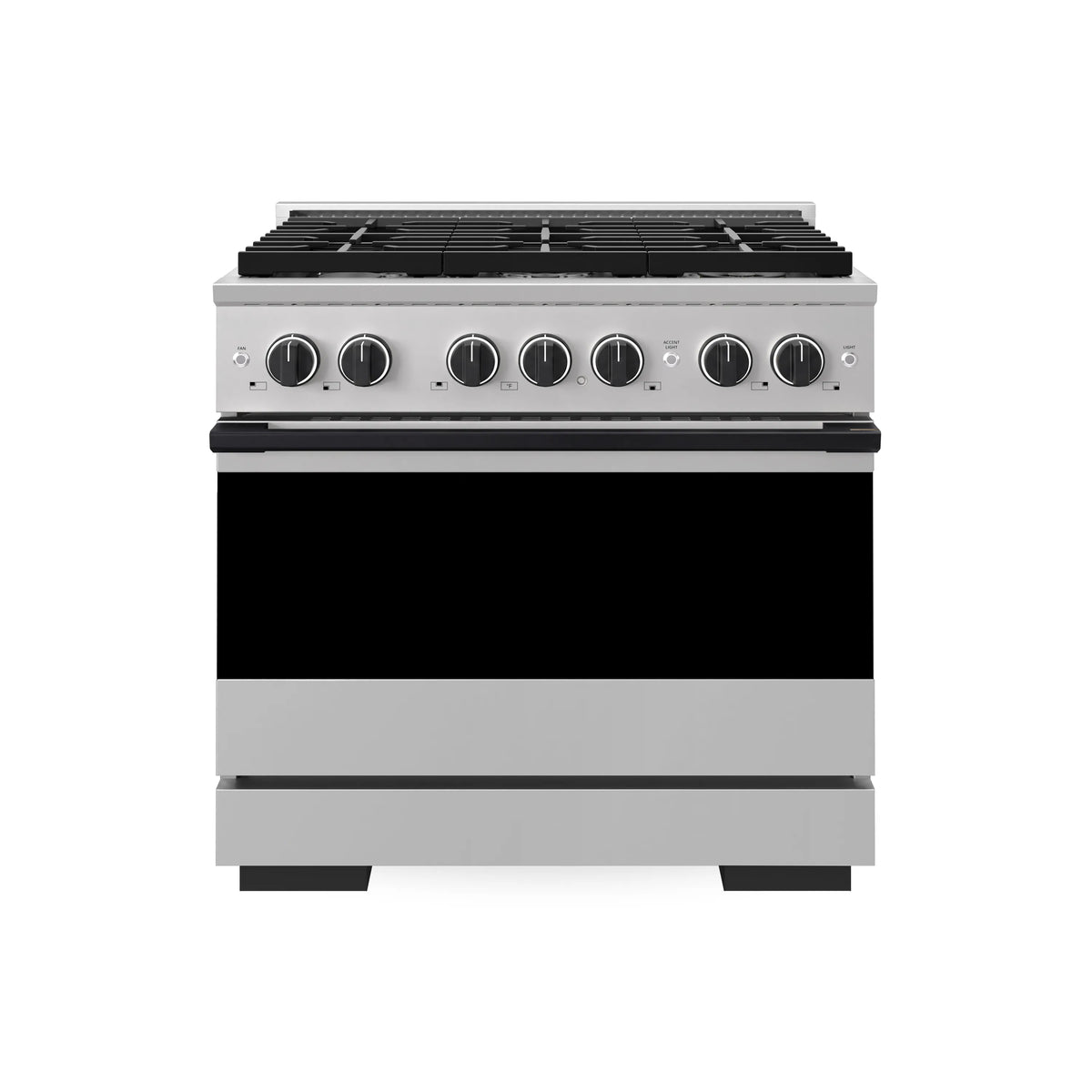 Dual fuel range front with stainless steel body, black oven door, and control knob row