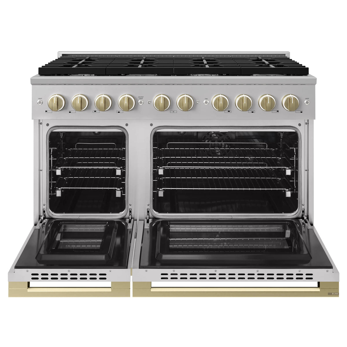 Open dual oven door view showing two oven cavities with interior racks