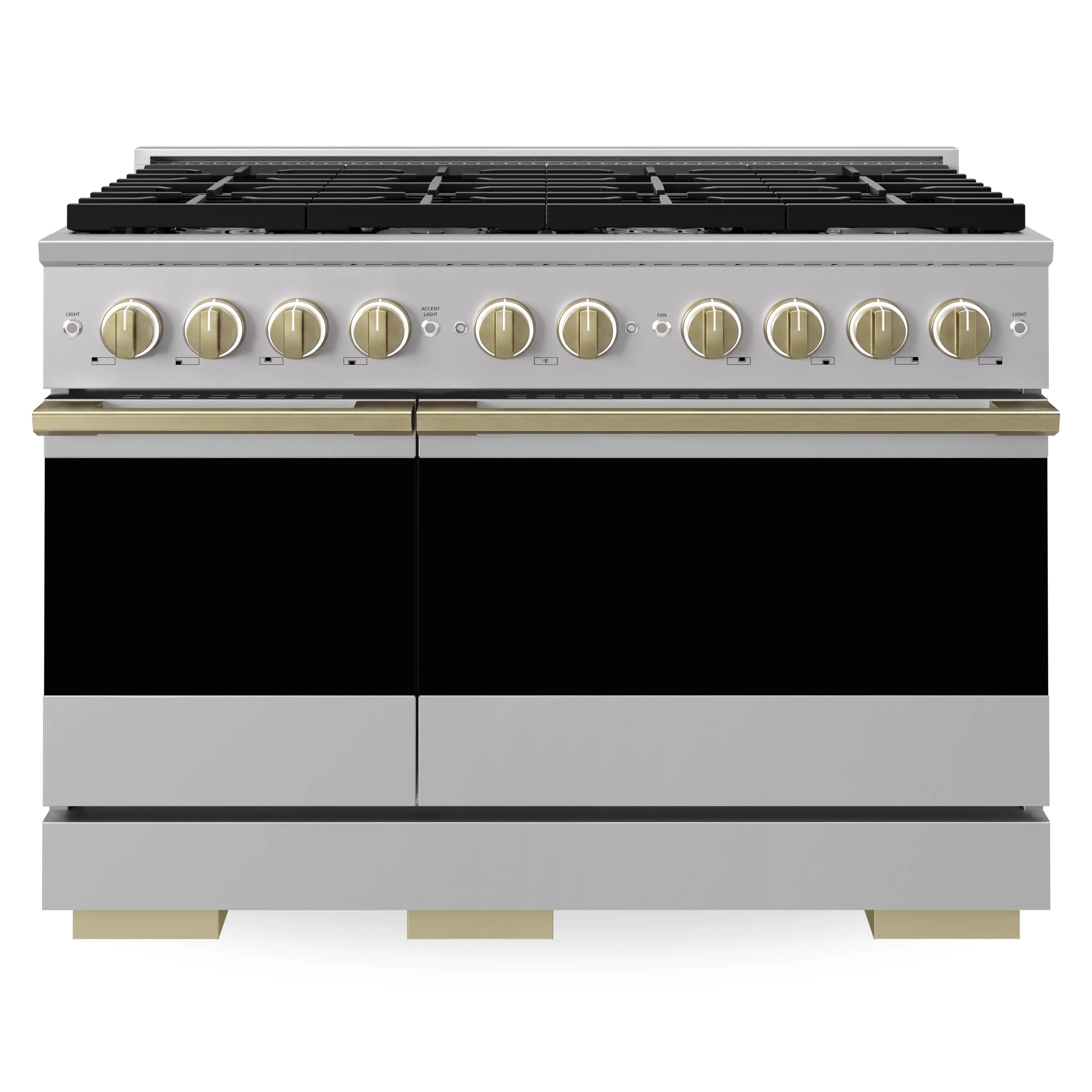 Front view dual fuel range with stainless body and champagne bronze control accents