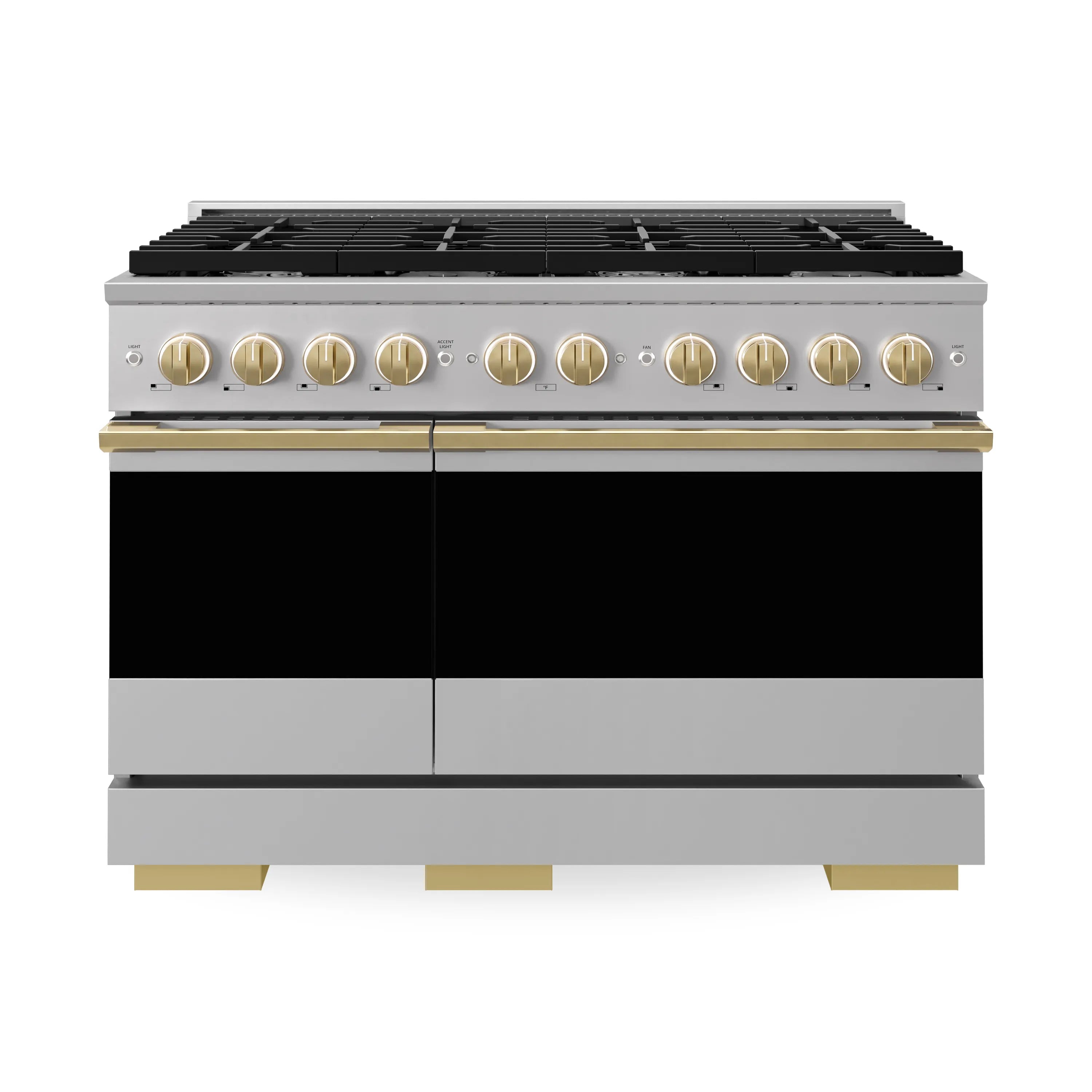 Stainless double oven dual-fuel gas range with black cooktop and polished gold knobs