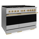 ZLINE Autograph Edition 48-Inch 6.7 Cu. Ft. Marino Double Oven Dual Fuel Range with 8 Burner Gas Cooktop in Stainless Steel and Polished Gold Accents (MDRZ-48-G)