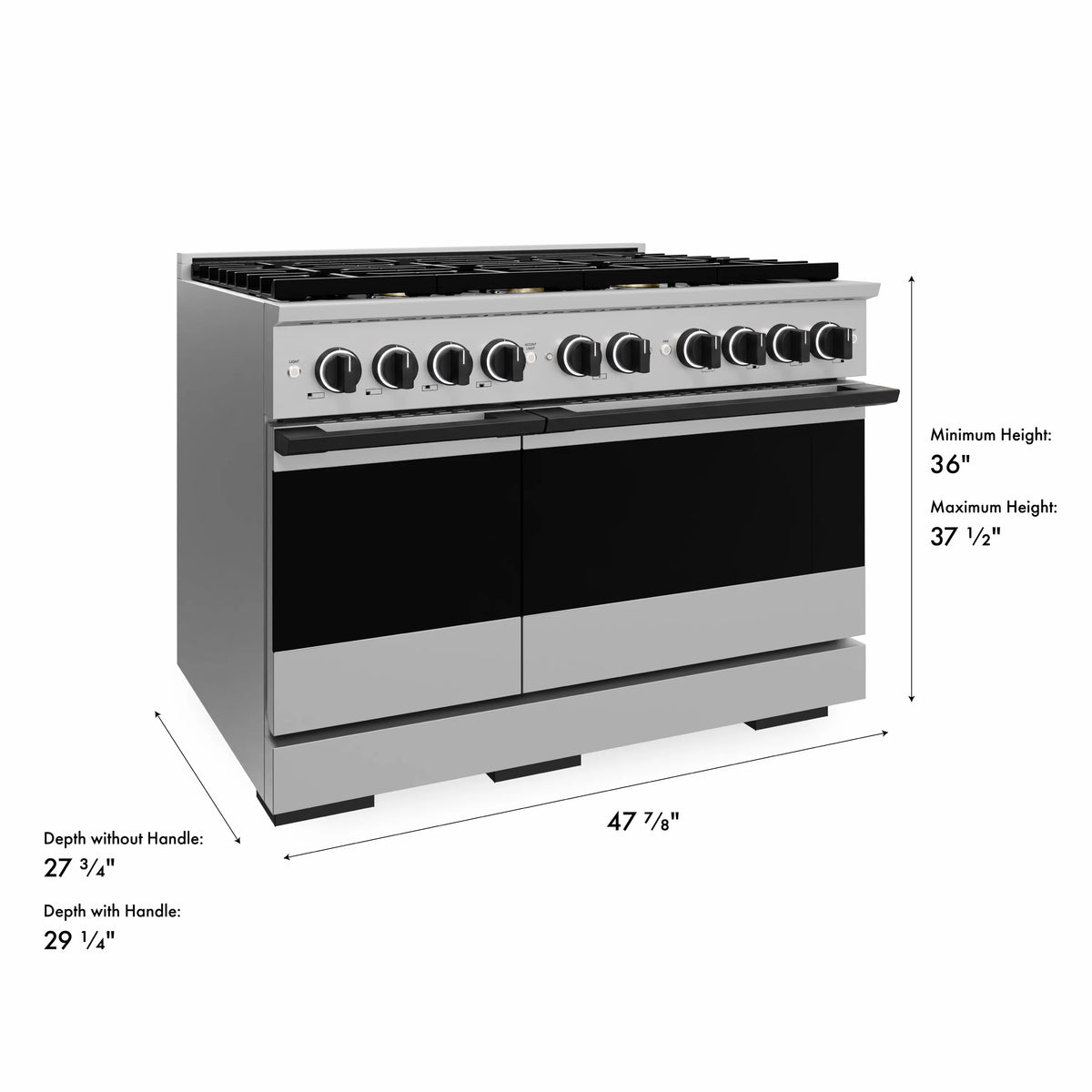 Stainless and matte black dual fuel range with two ovens and gas burner cooktop