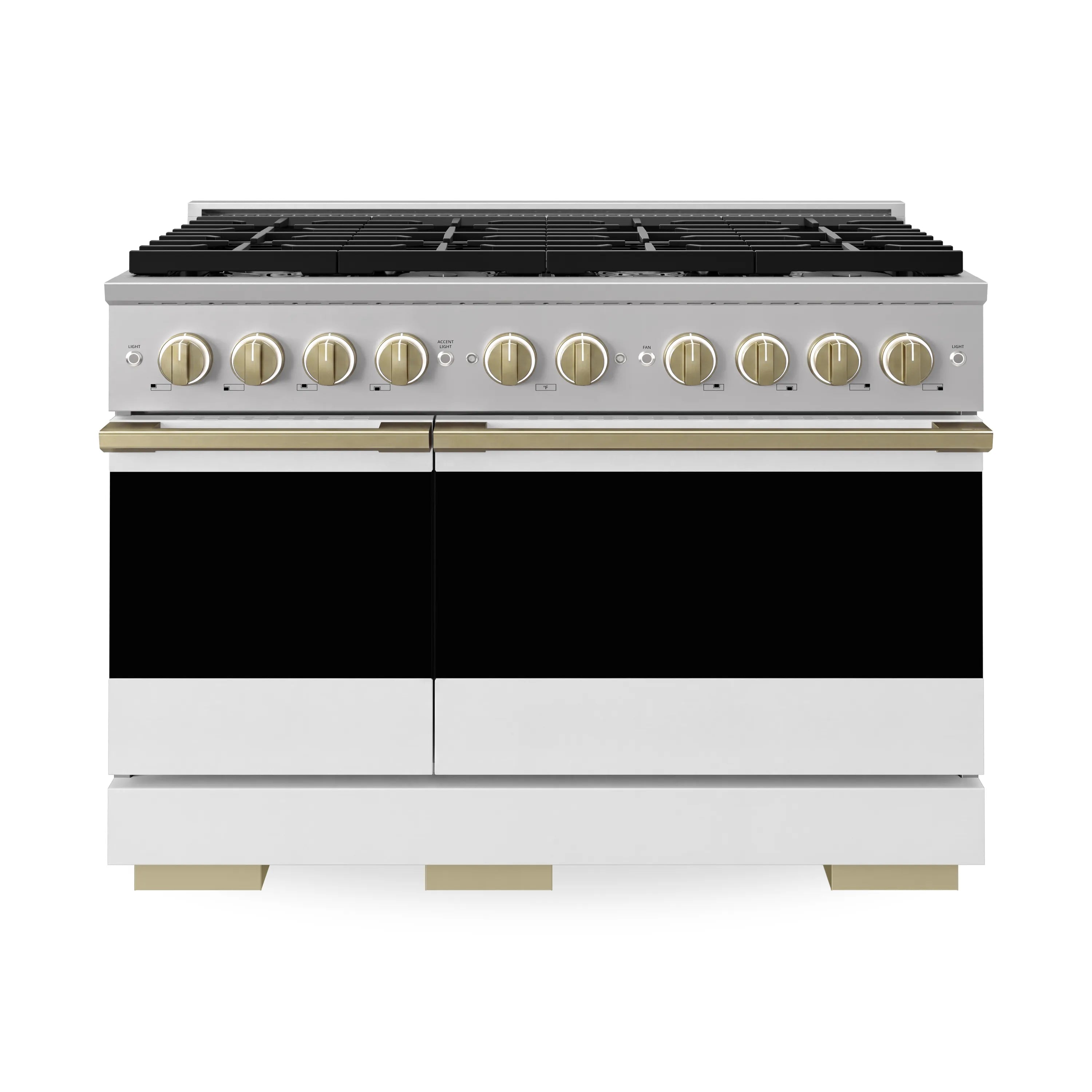 Front view of dual oven range with black cooktop grates and bronze control knobs