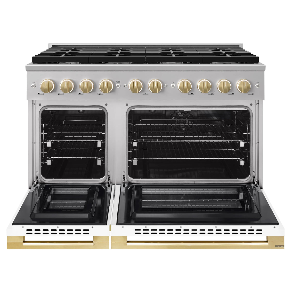 Dual-fuel range with both oven doors open, showing black oven interiors and racks