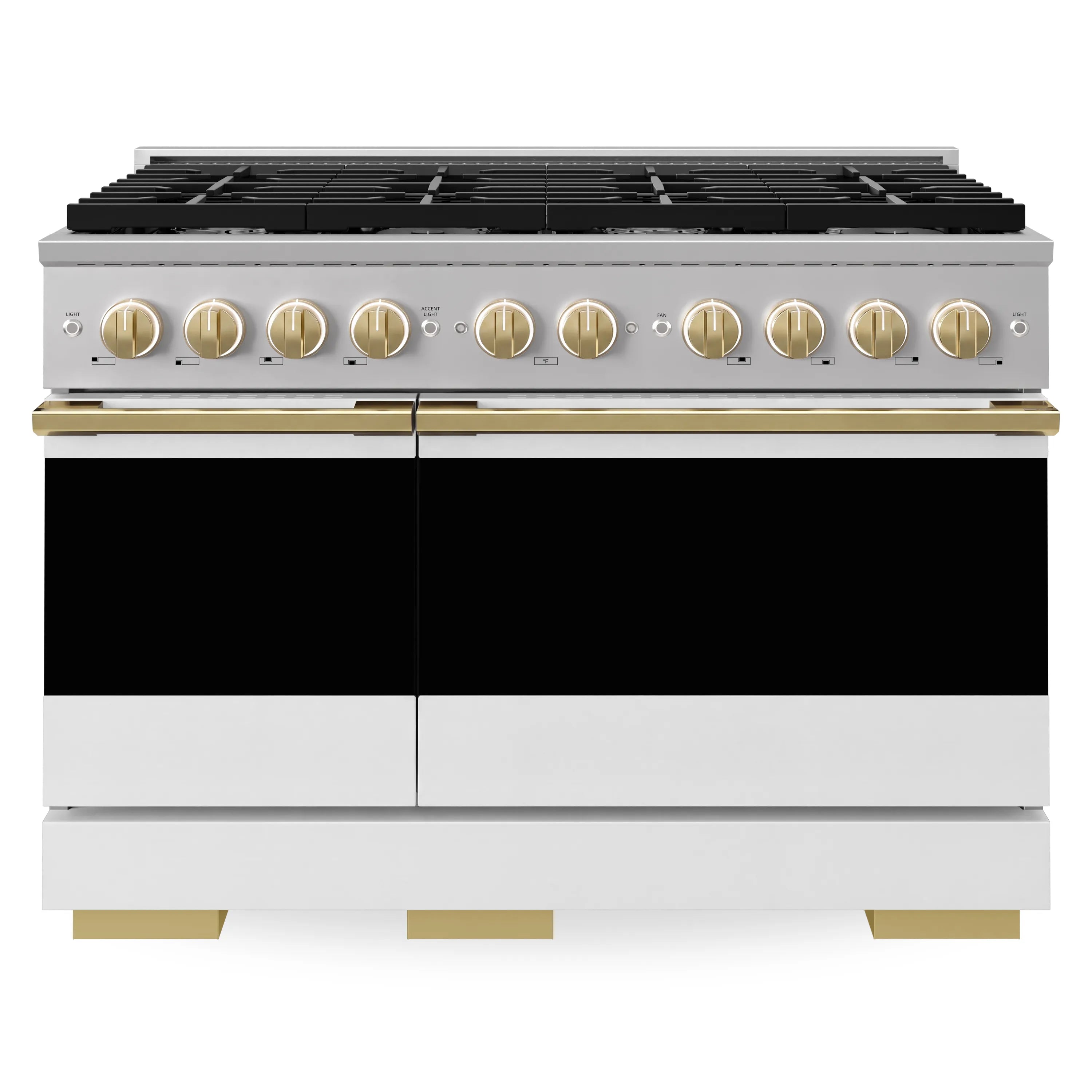 Dual-fuel range front view with white matte doors, gold control knobs, and black burner grates