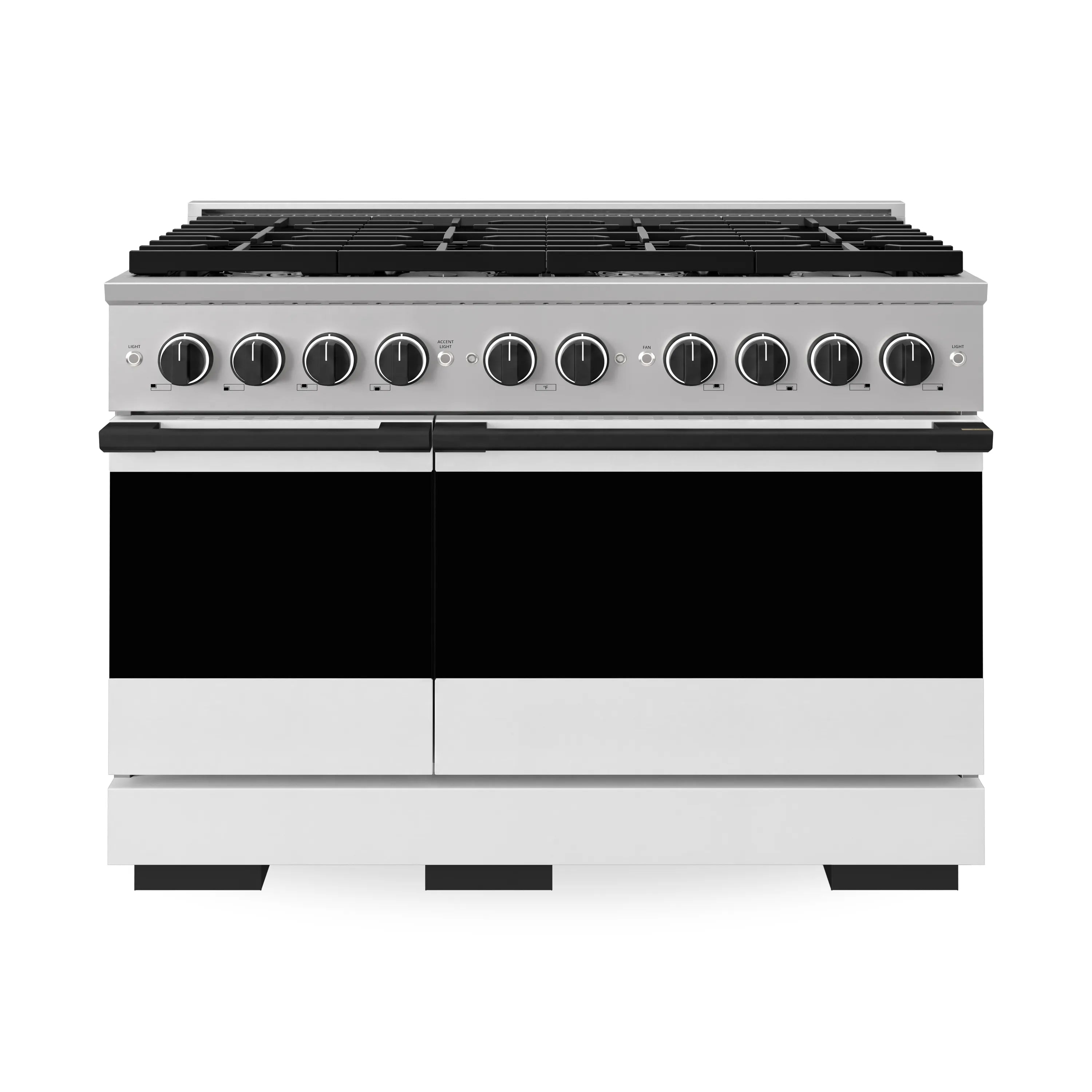Stainless steel dual fuel range with black oven doors and stainless control knobs