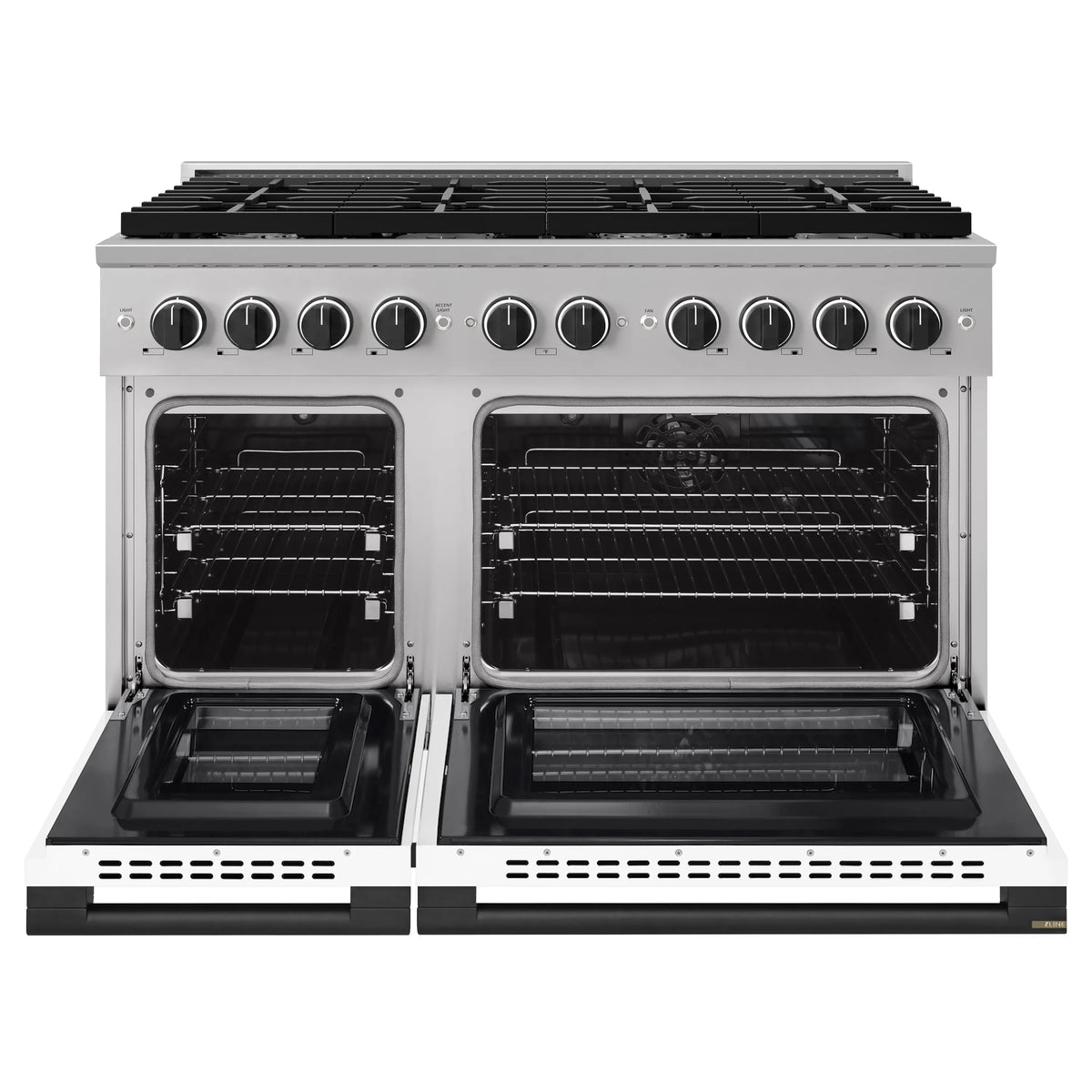 Dual fuel range with both oven doors open, showing black racks inside