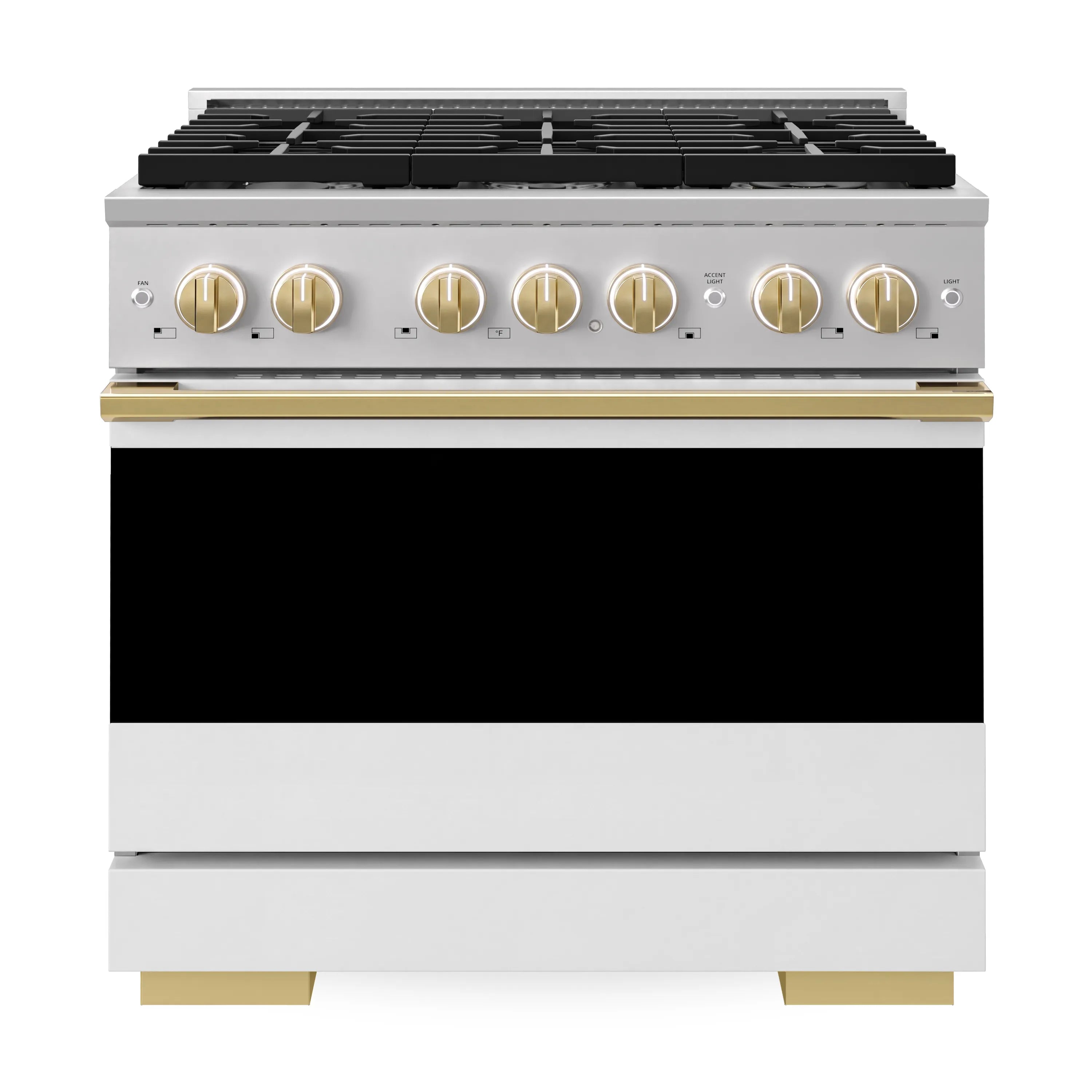 Stainless dual-fuel range front with black grates and polished gold control knobs
