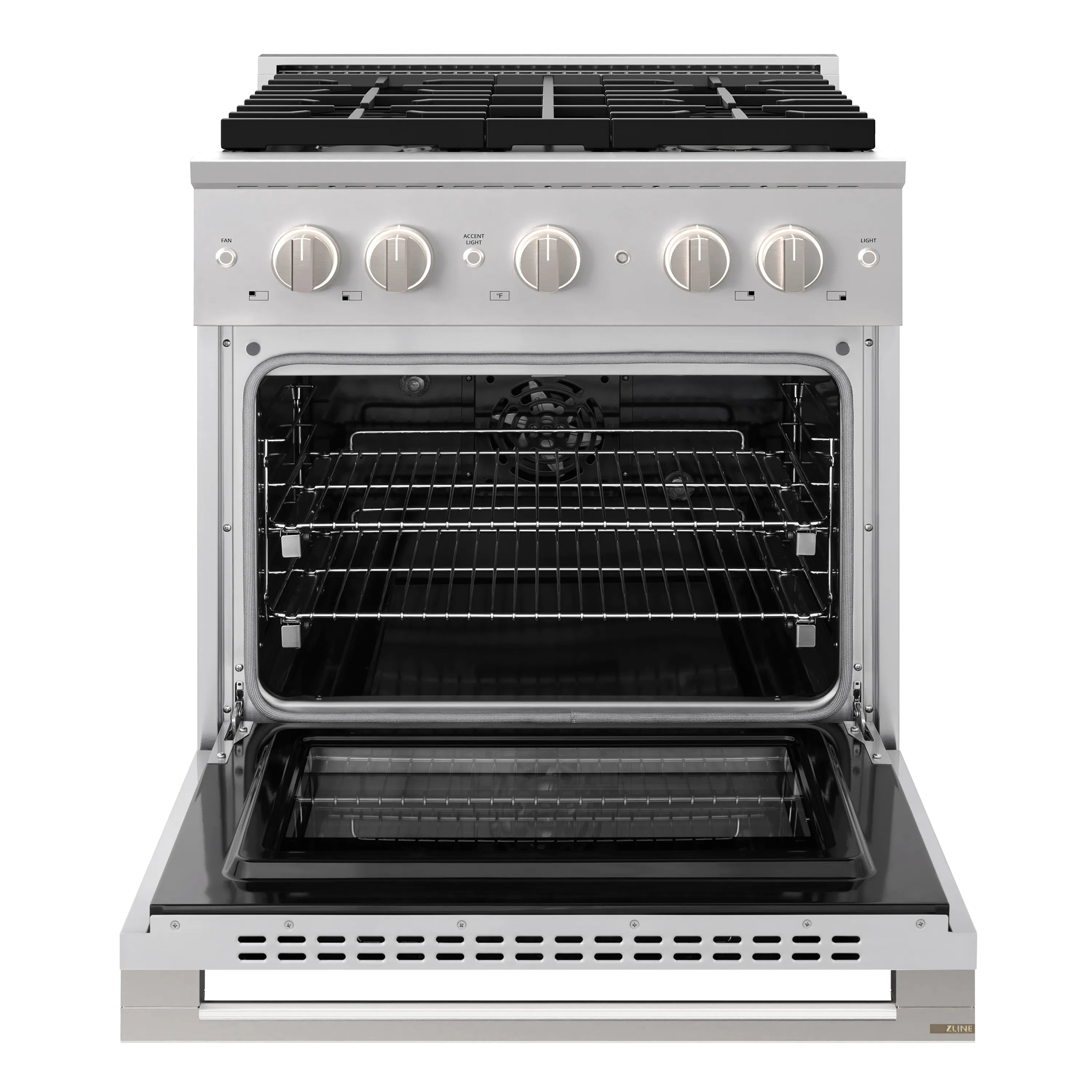 Open oven door of stainless steel dual fuel range with two racks