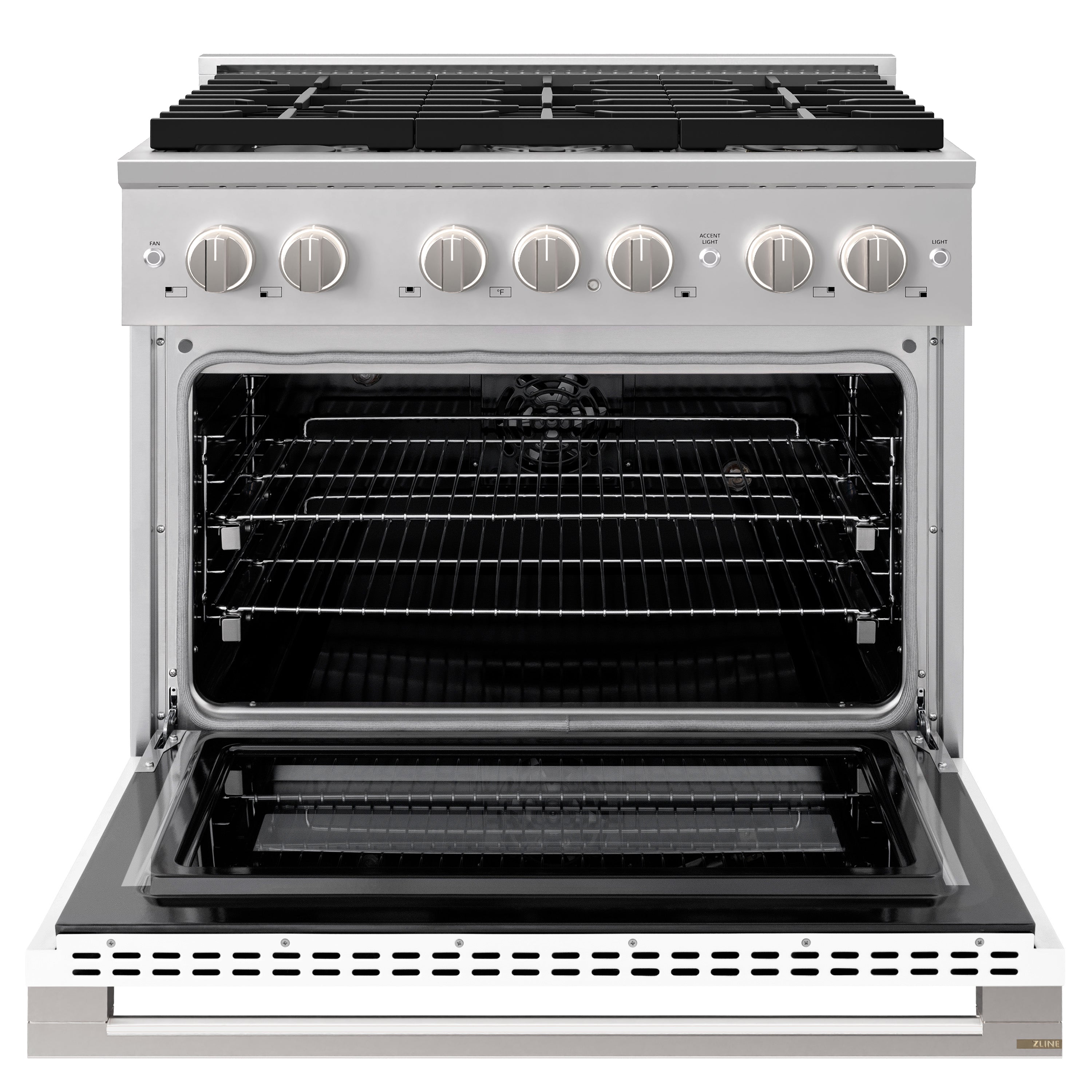 Stainless dual fuel range with open oven cavity and black burner grates