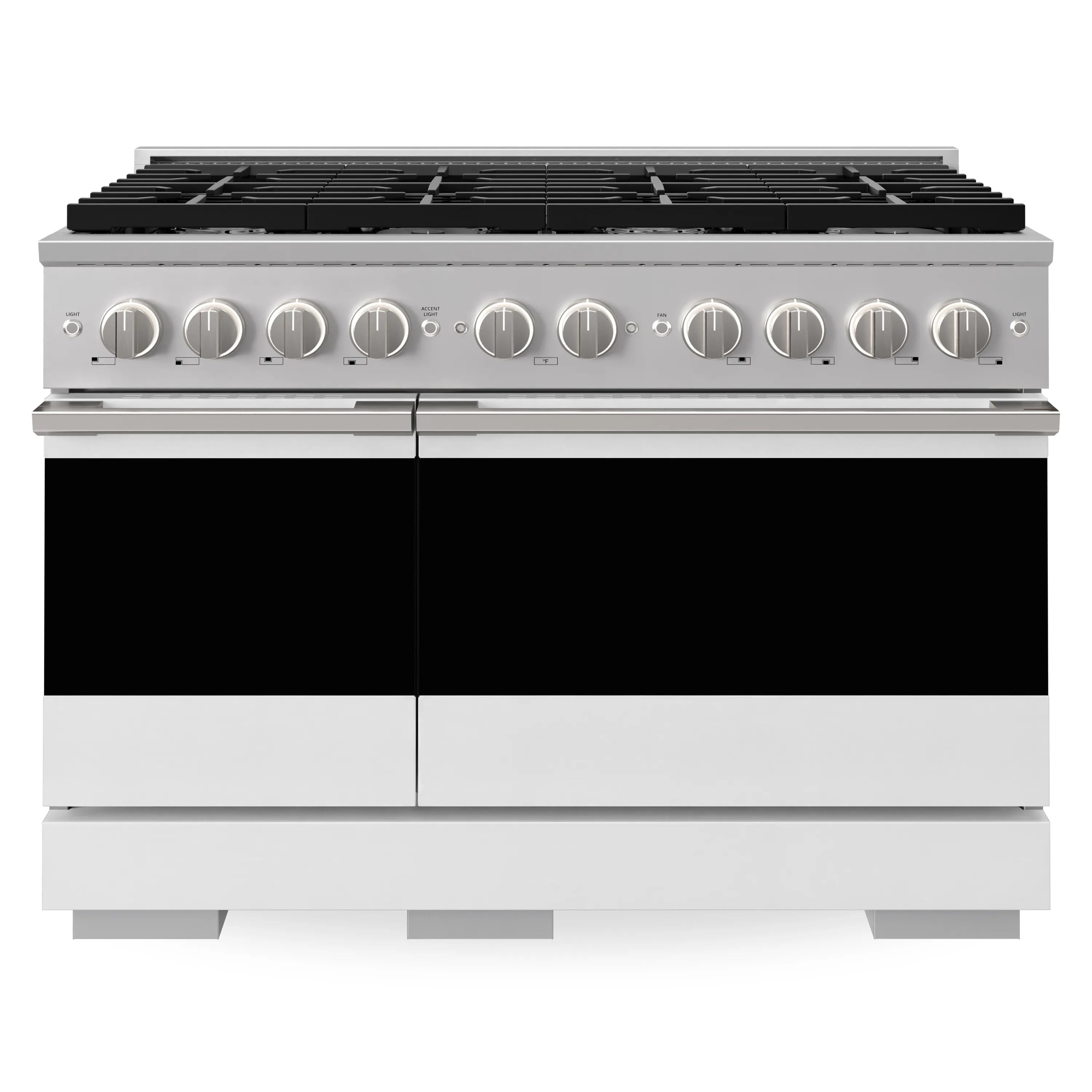 Stainless steel dual fuel range front view with white matte doors and burner knobs