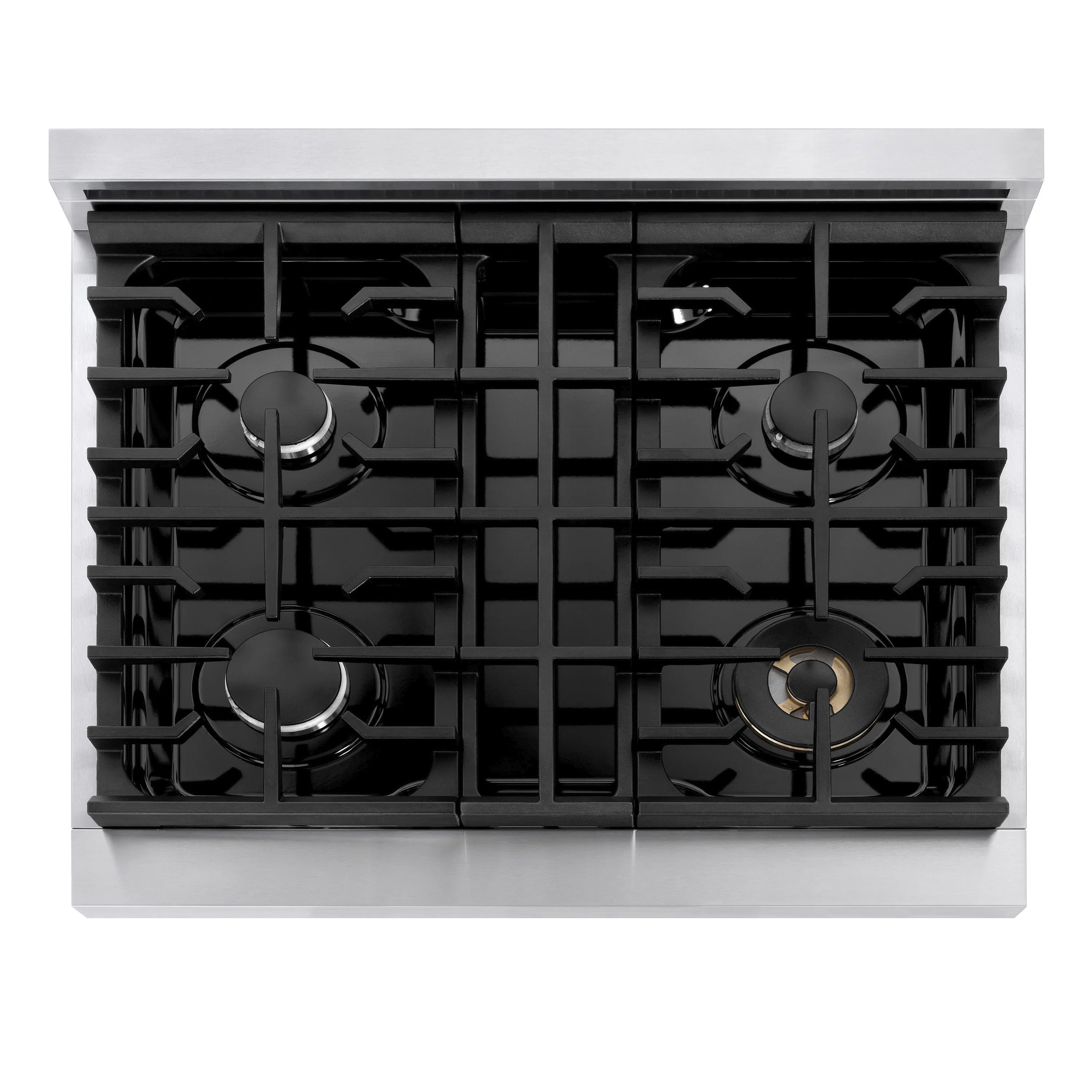 Black gas cooktop grates with four burner positions on dual fuel range