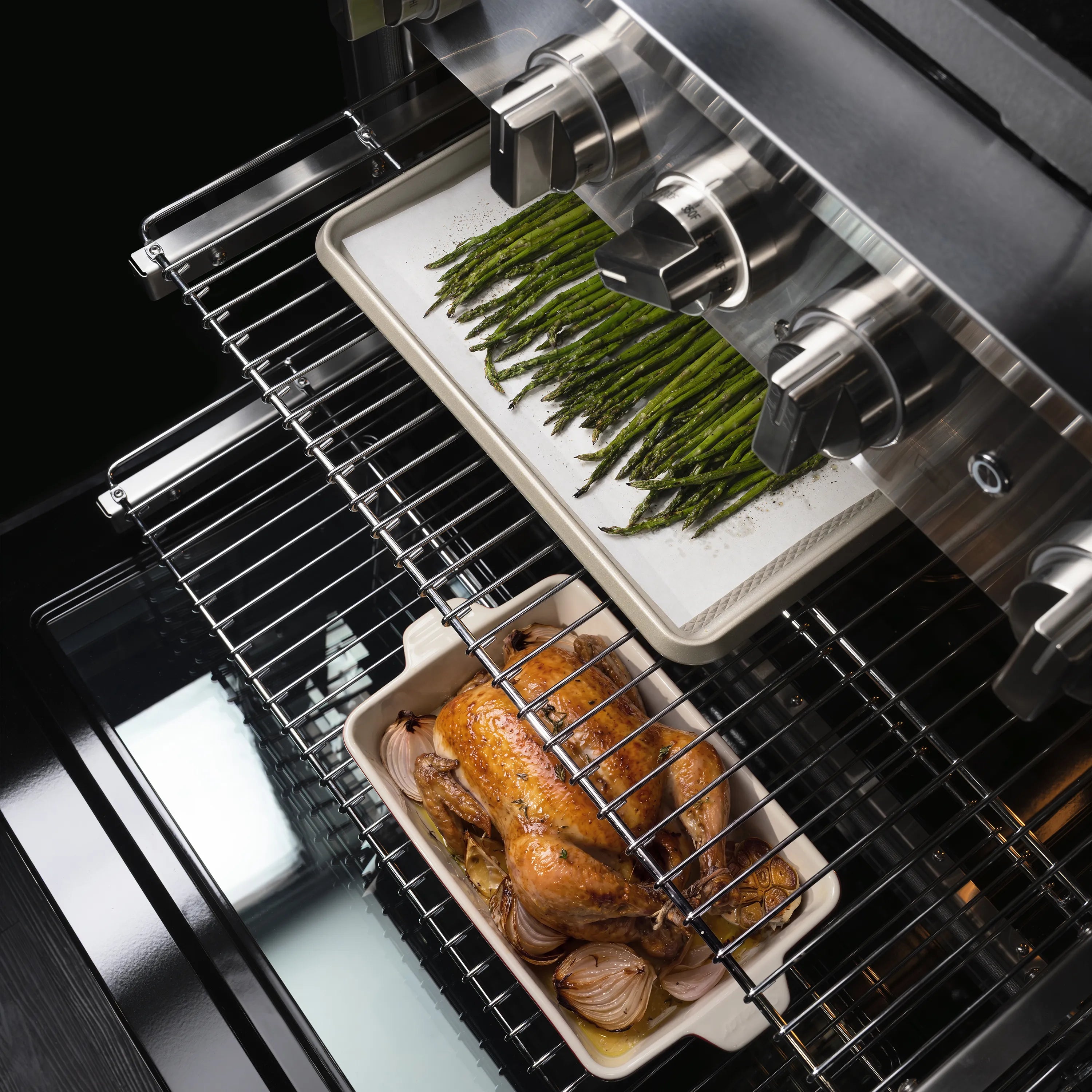 Stainless steel oven with wire rack, roasting pan, and green herbs