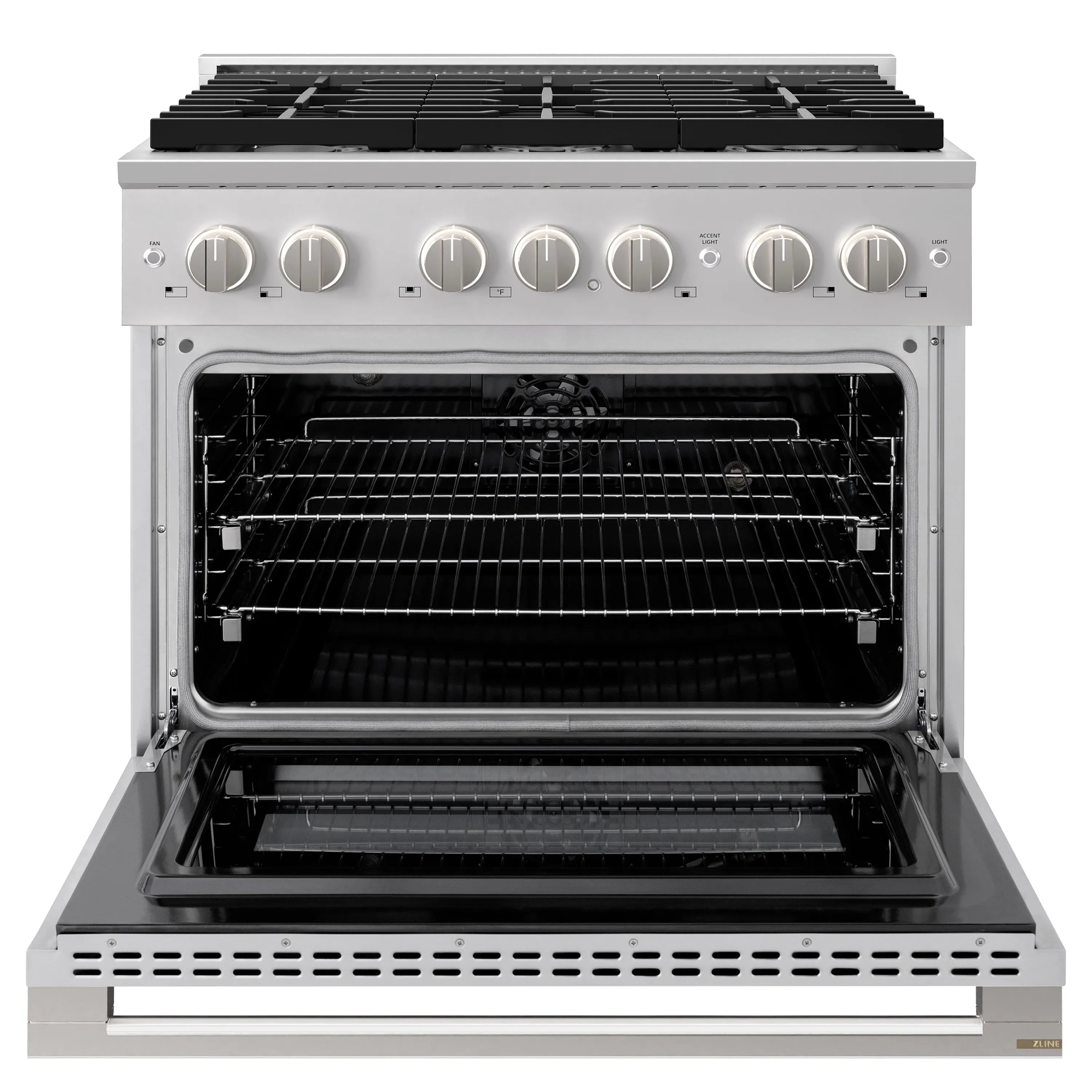 Stainless electric convection oven with door open and interior racks