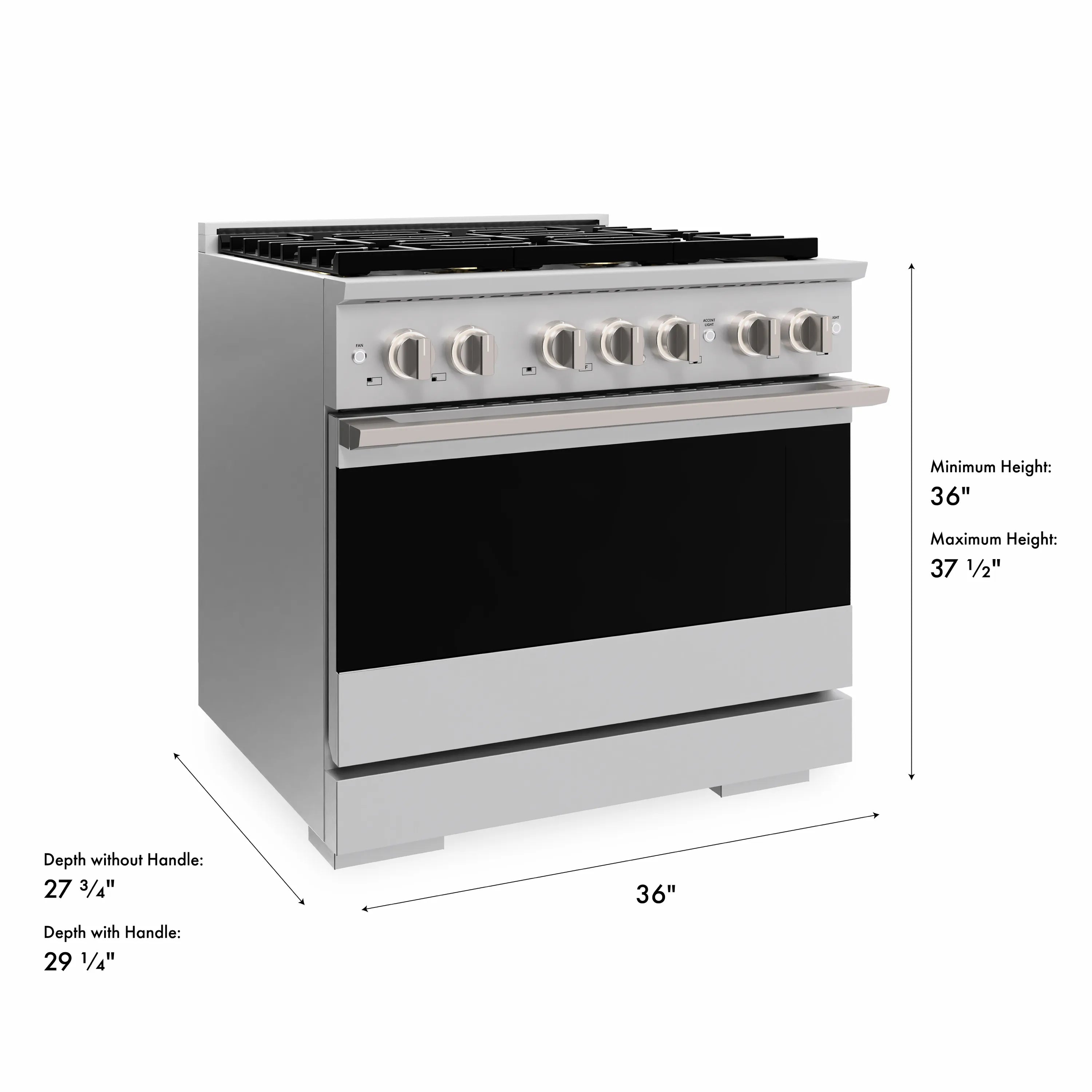 Stainless steel dual fuel range front view with cooktop burners and oven door.