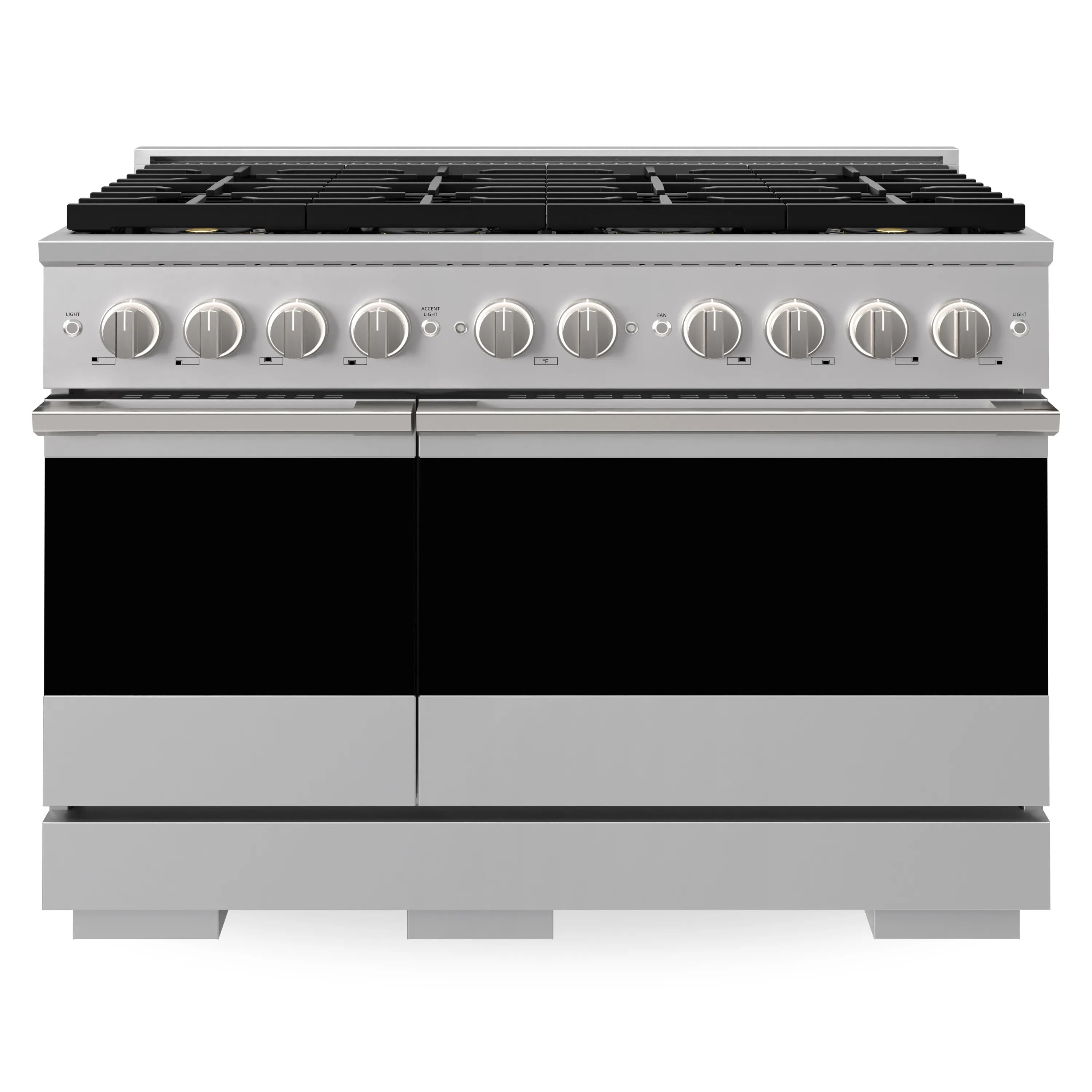 Stainless steel dual fuel range with black grates, burner knobs, and dual oven doors