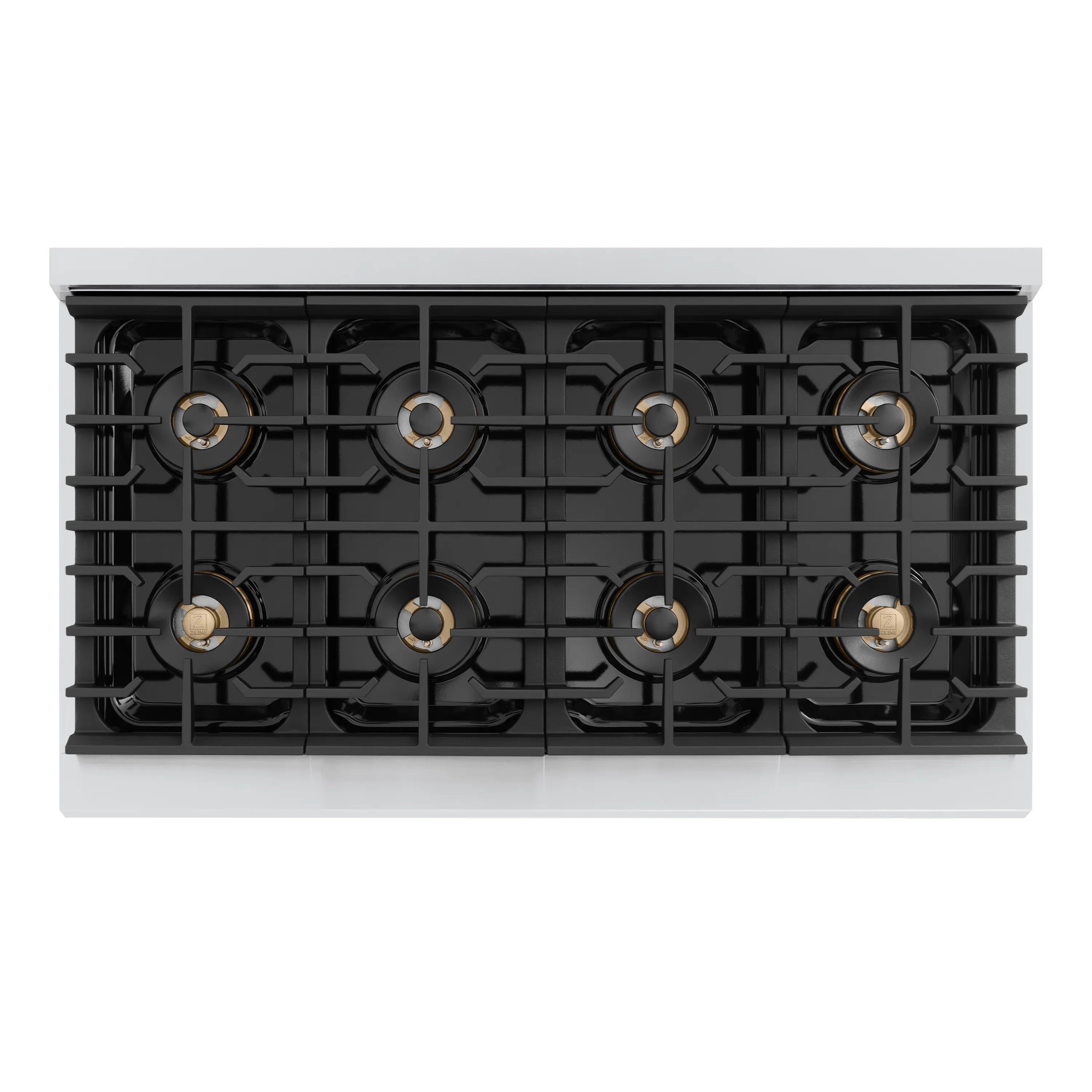 Dual fuel range cooktop with multiple burners and black grate frame