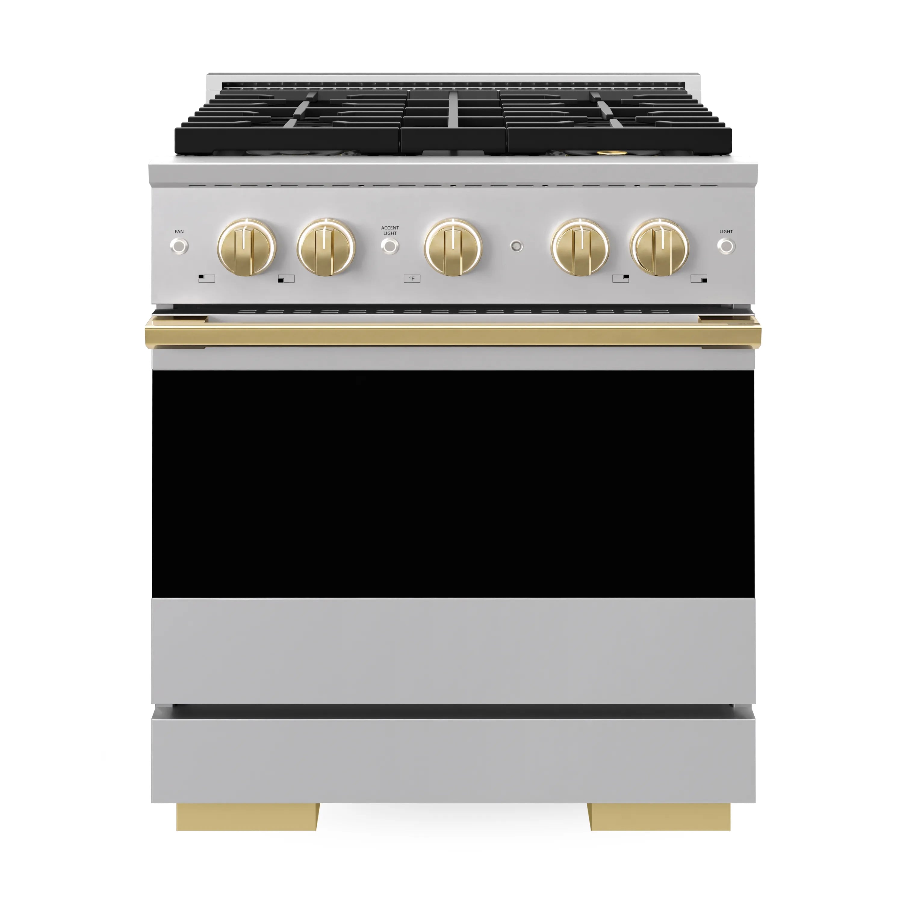 Stainless steel dual fuel range front view with four burner grates and polished gold control knobs